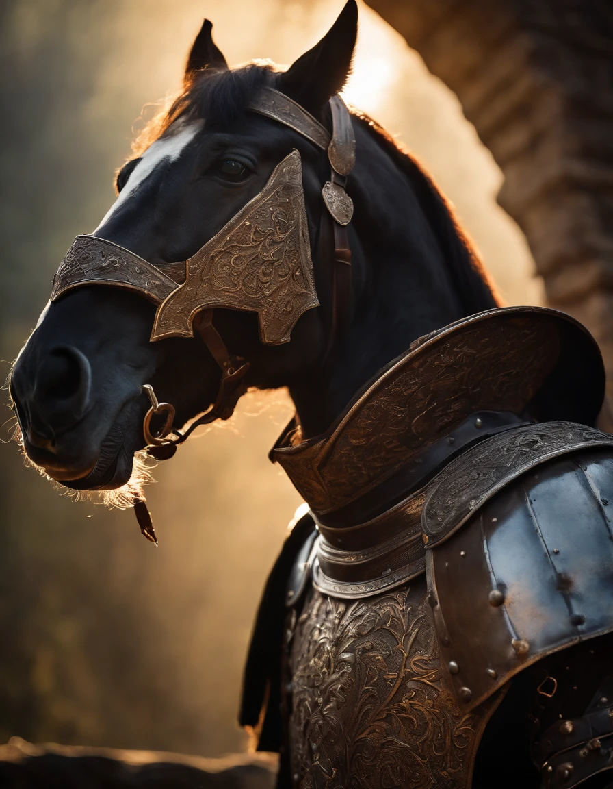 A medieval knight with a bronze mask on the half-face, scar on the face, (best quality, ultra-detailed), portraits, oil painting, (dark, mysterious) color scheme, dramatic lighting, detailed armor, elaborate helmet, shining sword, dense forest background, knight in a heroic pose, ancient castle silhouette, strong and confident expression, weathered and battle-worn armor, glove holding the reins of a powerful horse, castle ruins in the distance, divine rays of sunlight illuminating the knight, fierce determination in the eyes, intricate engravings on the armor, vintage atmosphere, aged and rustic textures, medieval flag fluttering in the wind.