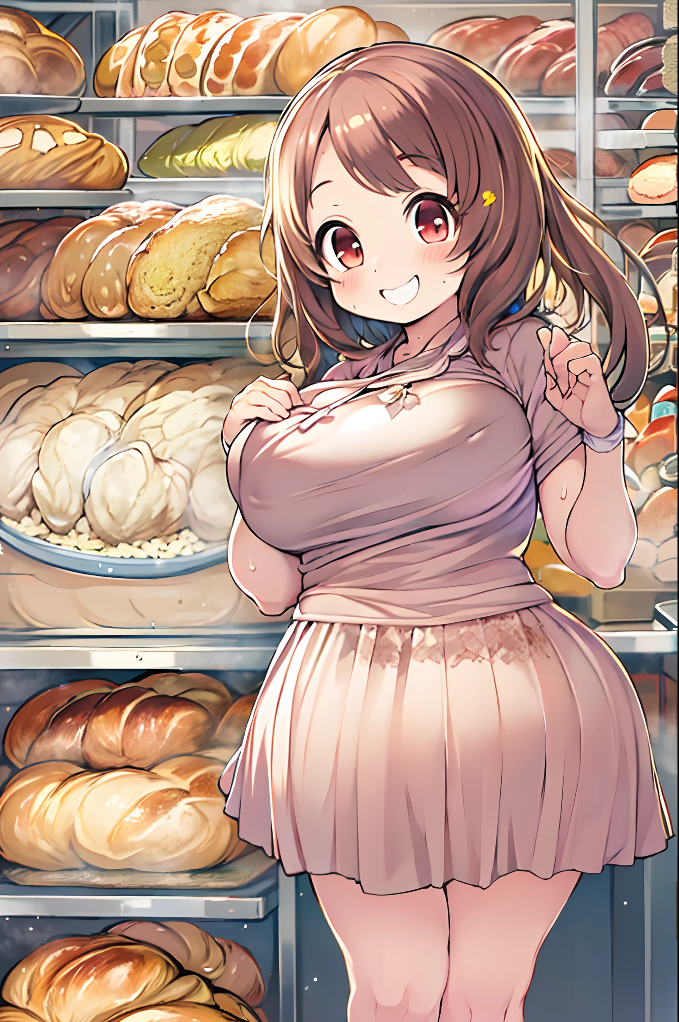 masutepiece、Anime style、女の子1人、huge-breasted、kawaii、bbw、thick thight、big butts、Ultramammy,pleatedskirt、Bakery、Baker、Bread lining、A big smile