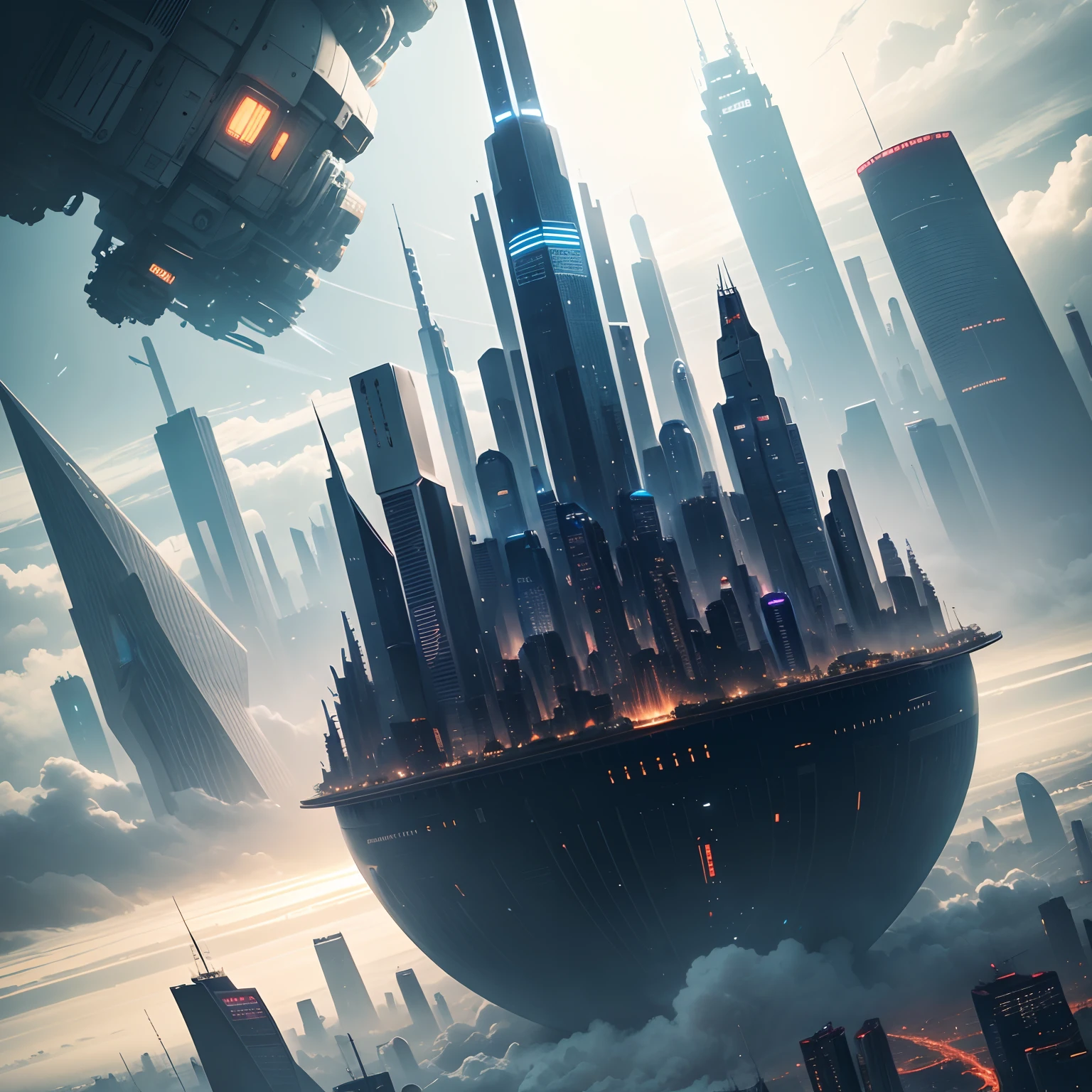 Futuristic cities，ＳＦart by，cyberpunked、The streets are lined with skyscrapers、Skyscrapers towering through the clouds，top-quality、​masterpiece、dream、utopian、planet earth、World of Dreams、Fantasia、𝓡𝓸𝓶𝓪𝓷𝓽𝓲𝓬、Beautiful city、Space City、Much more than human creation