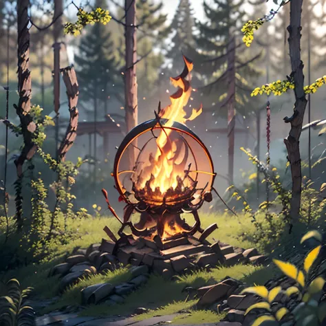 mechanical energy core in forest with flame in center