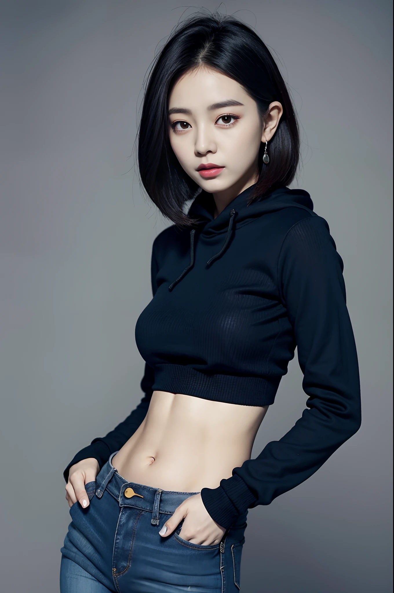 Alafed woman in black crop top and jeans, ig model | ArtGerm, girl wearing hoodie, photo of slim girl model, korean female fashion model, Trending on CGSTATION, Portrait of female Korean idol, tzuyu from twice, by Yang J, 2 4 years old female model, her navel is exposed