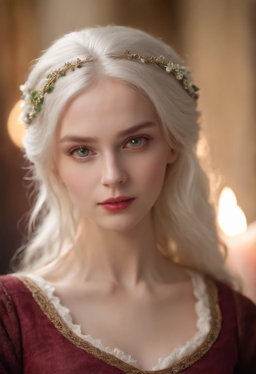 (((a deep reddish wound crosses her left cheek))) fair complexion, woman around 19 years old, natural white hair, distinctive green eyes, wearing kohl, slender and graceful, beautiful, candlelight in a medieval setting, ultra sharp focus, realistic shot, medieval female clothes, tetradic colors (scar:1.4)