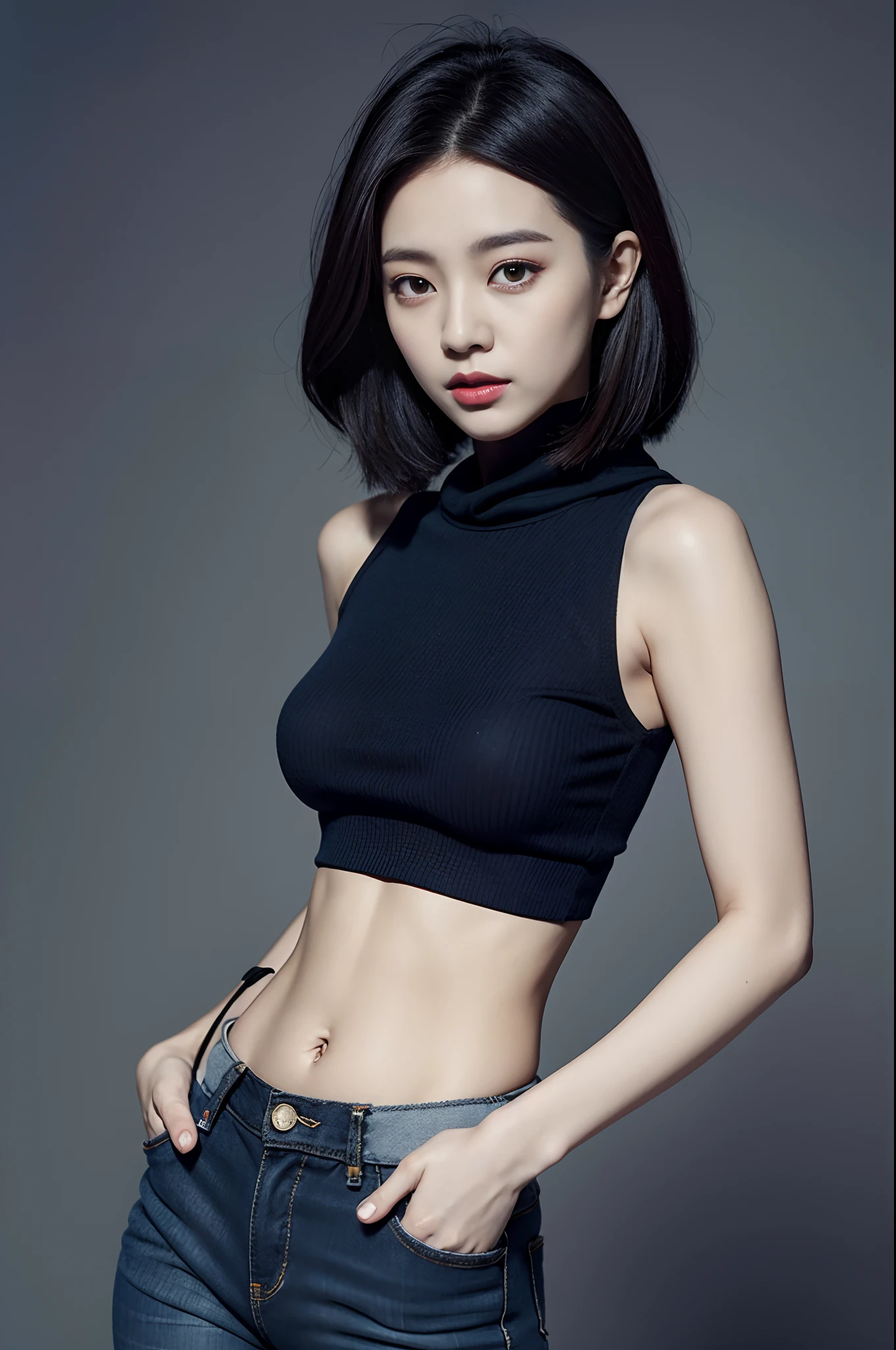 Alafed woman in black crop top and jeans, ig model | ArtGerm, girl wearing hoodie, photo of slim girl model, korean female fashion model, Trending on CGSTATION, Portrait of female Korean idol, tzuyu from twice, by Yang J, 2 female model, her navel is exposed