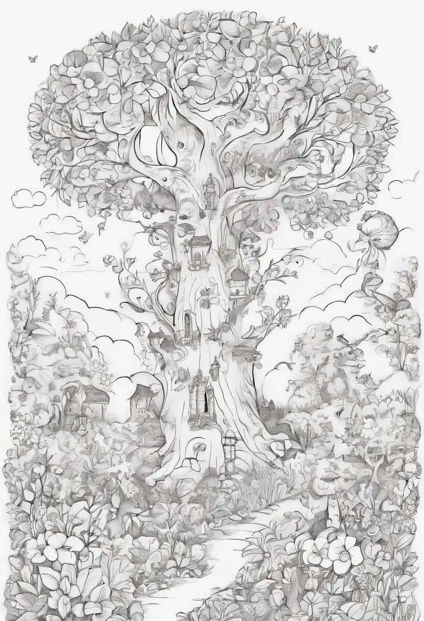 Die Kinder betreten den lebendigen Zauberwald. Colorful trees and cheerful flowers greet them. line art, black and white, cartoon, childish, simple