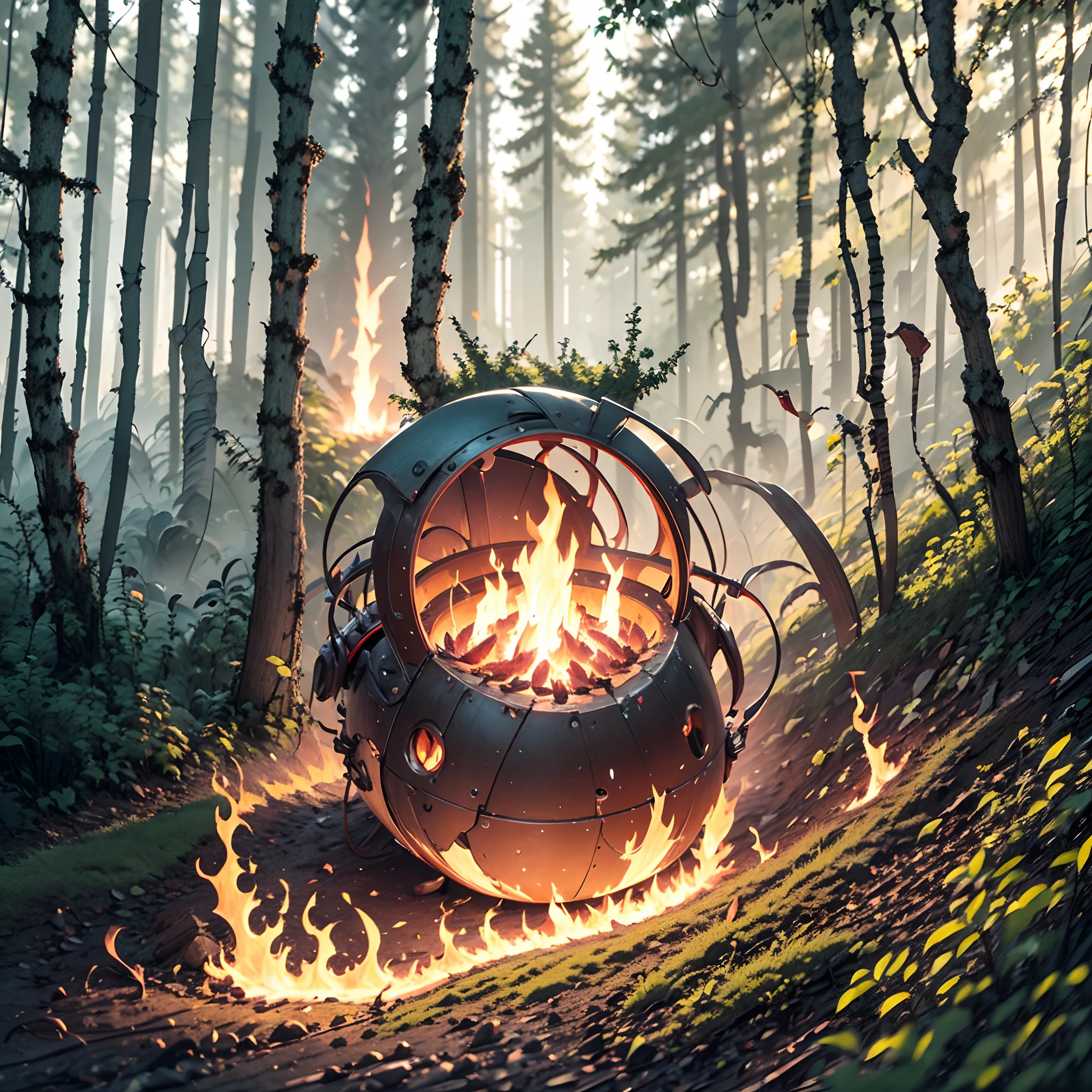 Mechanical Energy Core in Forest with Flame in Center