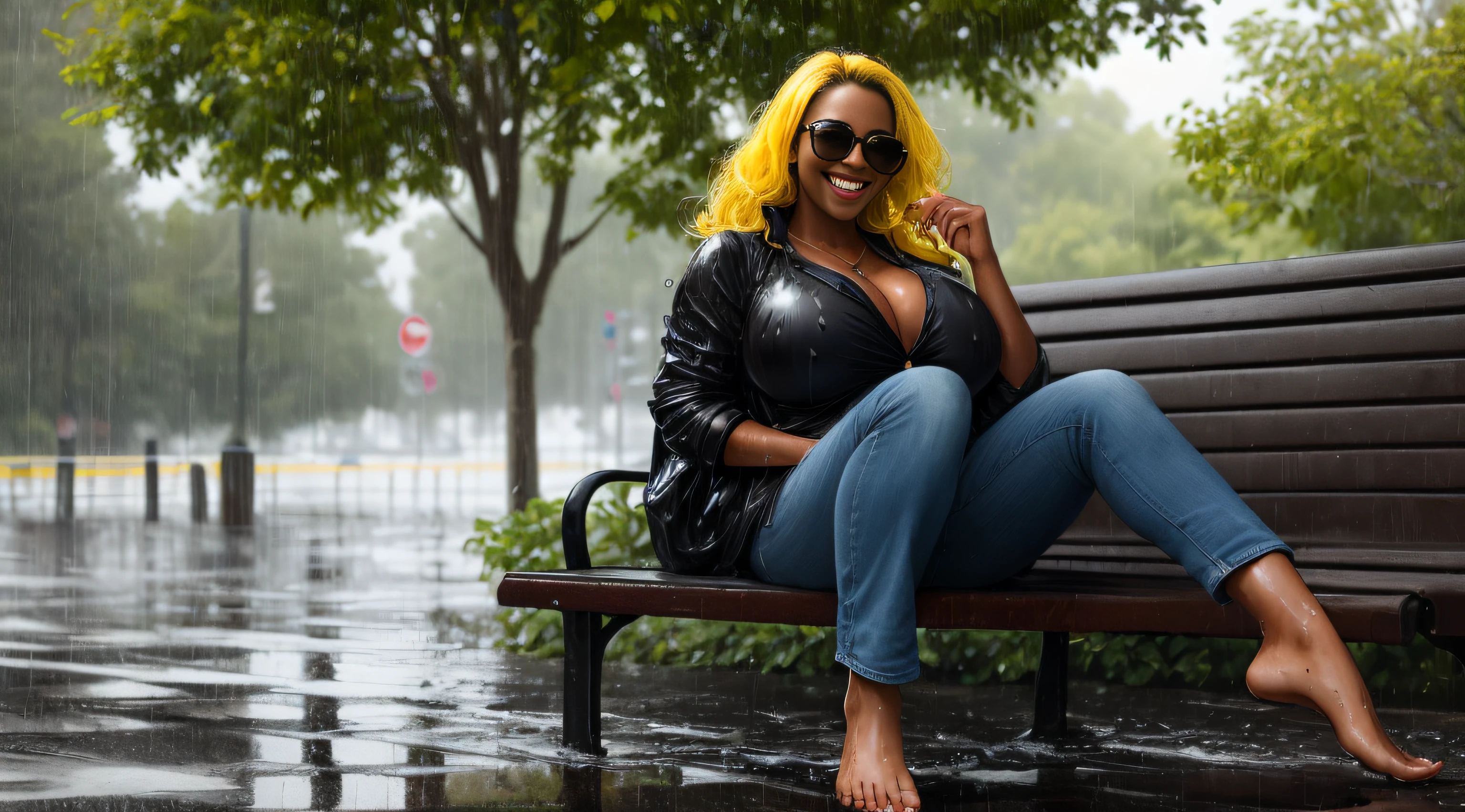 very huge breasts, dark skin, yellow hair, black power hair, Happy smile, realistic and detailed hands, realistic and detailed face, realistic and detailed tooth, realistic and detailed foots, realistic and detailed face, full body image, on feet, black tunic, aviator sunglasses,park, sitting on a bench, all wet, heavy raining day, wet clothes and skin.