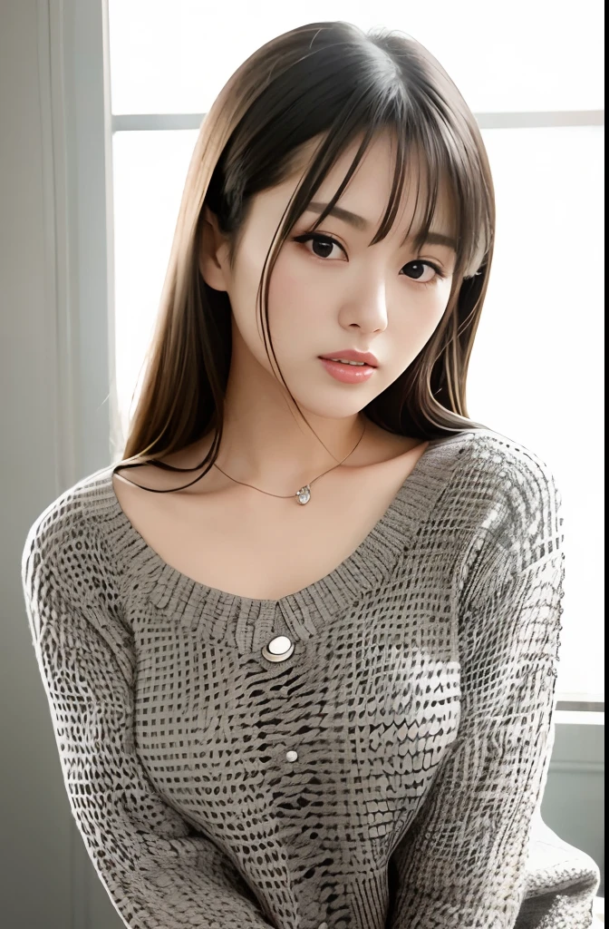 20-year-old, 8K, RAW Portrait (Japanese Girls), photo Realistic, Ultra-high resolution, Highest quality, Actual photo , dramatic, Atmospheric, Realistic,
One girl, a very beautiful Japanese Girls, Glamorous shot of a girl, Textured skin, , lips,
Big and beautiful eyes, , Beautifully detailed nose, sweater,Big Breasts,
View your viewers, 