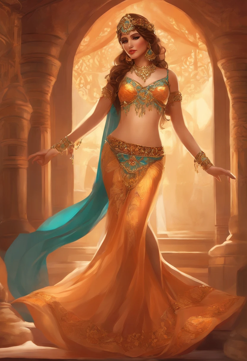 Pesonage of the belly dance costume of the anime wearer。Alphonse Mucha style。