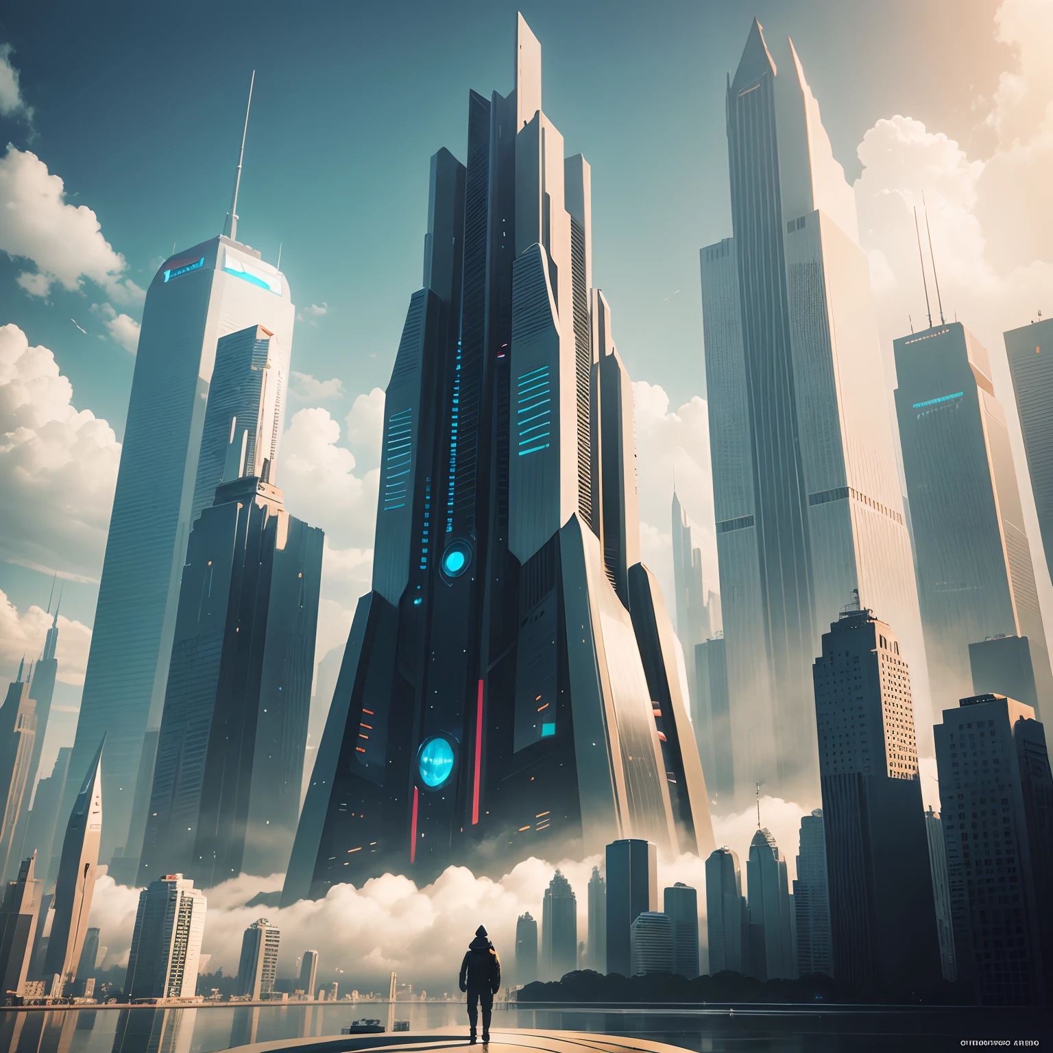 Futuristic cities,SFart by,cyberpunked、The streets are lined with skyscrapers、Skyscrapers towering through the clouds,top-quality、masterpiece、dream、utopian、planet earth、World of Dreams、Fantasia、𝓡𝓸𝓶𝓪𝓷𝓽𝓲𝓬、Beautiful city、Space City、Much more than human creation