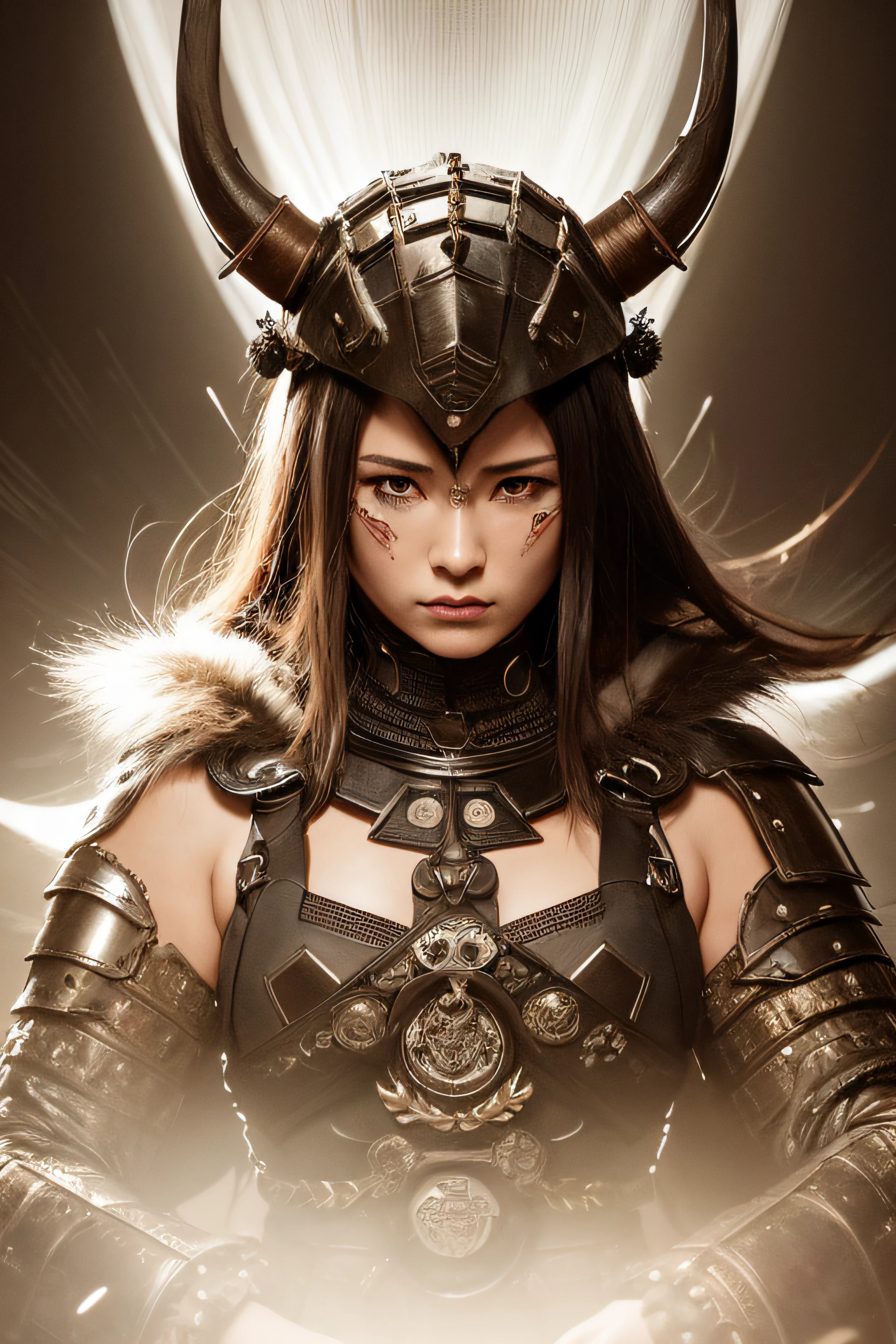 Woman in samurai armor with fur on neck and waist, Wearing the Devil's Helmet, Dusty detail ornament, Fighting tired, Man Warrior, armor, epicd, facial scar, dnd character portrait, Convoluted, Dynamic lighting, hyperdetails, Unreal 5, Volumetric lighting, Alphonse Mucha, pre-raphaelite, Detailed background, mandalas, Detailed face, Detailed eyes, neon eyes