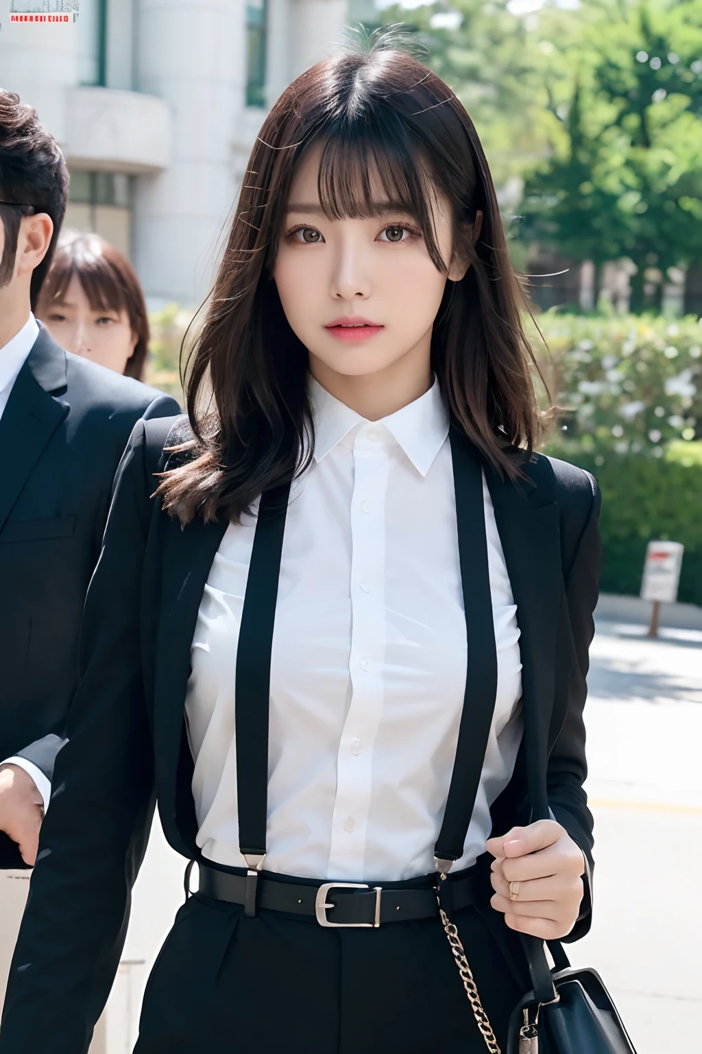 masterpiece、top-quality、The ultra -The high-definition、、colourfull、flat-colors、depth of fields、lens flare 1 girl、、A dark-haired、watching at viewers suits Cutter shirt a belt suspenders working adults materia OL Black Suit Black jacket glares large full breasts