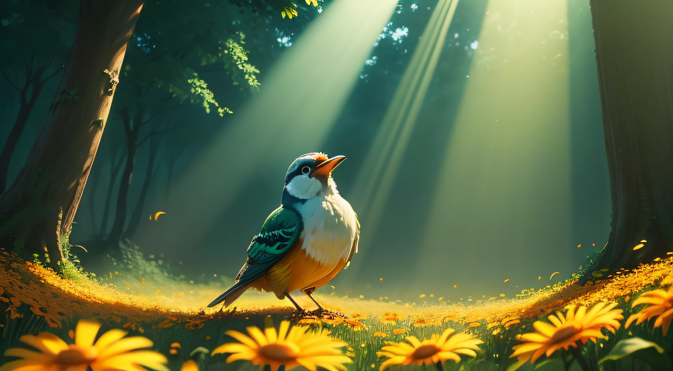 bird singing in a verdant forest, pixar style, high quality, amazing sunray, pretty flowers around, orange flowers around