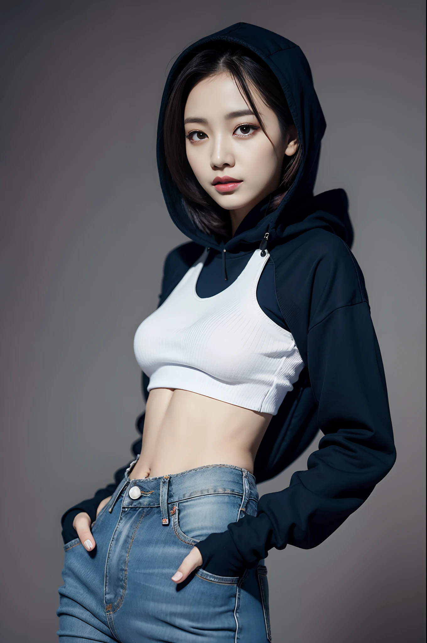 Alafed woman in black crop top and jeans, ig model | ArtGerm, girl wearing hoodie, photo of slim girl model, korean female fashion model, Trending on CGSTATION, Portrait of female Korean idol, tzuyu from twice, by Yang J, 2 4 years old female model, her navel is exposed