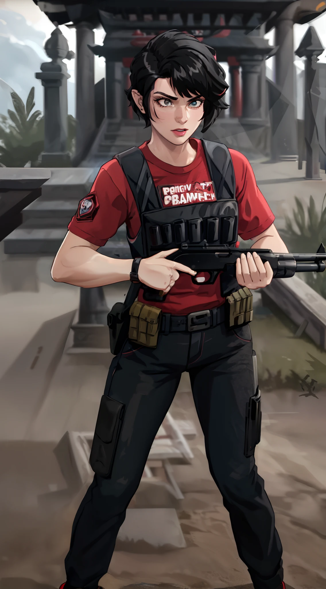 masterpiece, high quality, detailed photo, 8k, 4k, (1woman), detailed head, detailed face, ultra-sharp focus, detailed eyes, detailed hair, (detailed head accessories), high resolution details, [detailed cloth|detailed armor|guerilla armor:1], (creative hairstyle, shaved temple, short black hair:1.5), 25 ears old partisan, guerilla, narrow shoulders, muscular, woman, (action pose:1.5), detailed weapon, detailed rifle, rifle in his hands, [shotgun|combat shotgun:1], full body, wearing a (security bulletproof vest), (red t-shirt), (guerilla black trousers), (suit shoes), in the style of Rambo, space settler, action film background