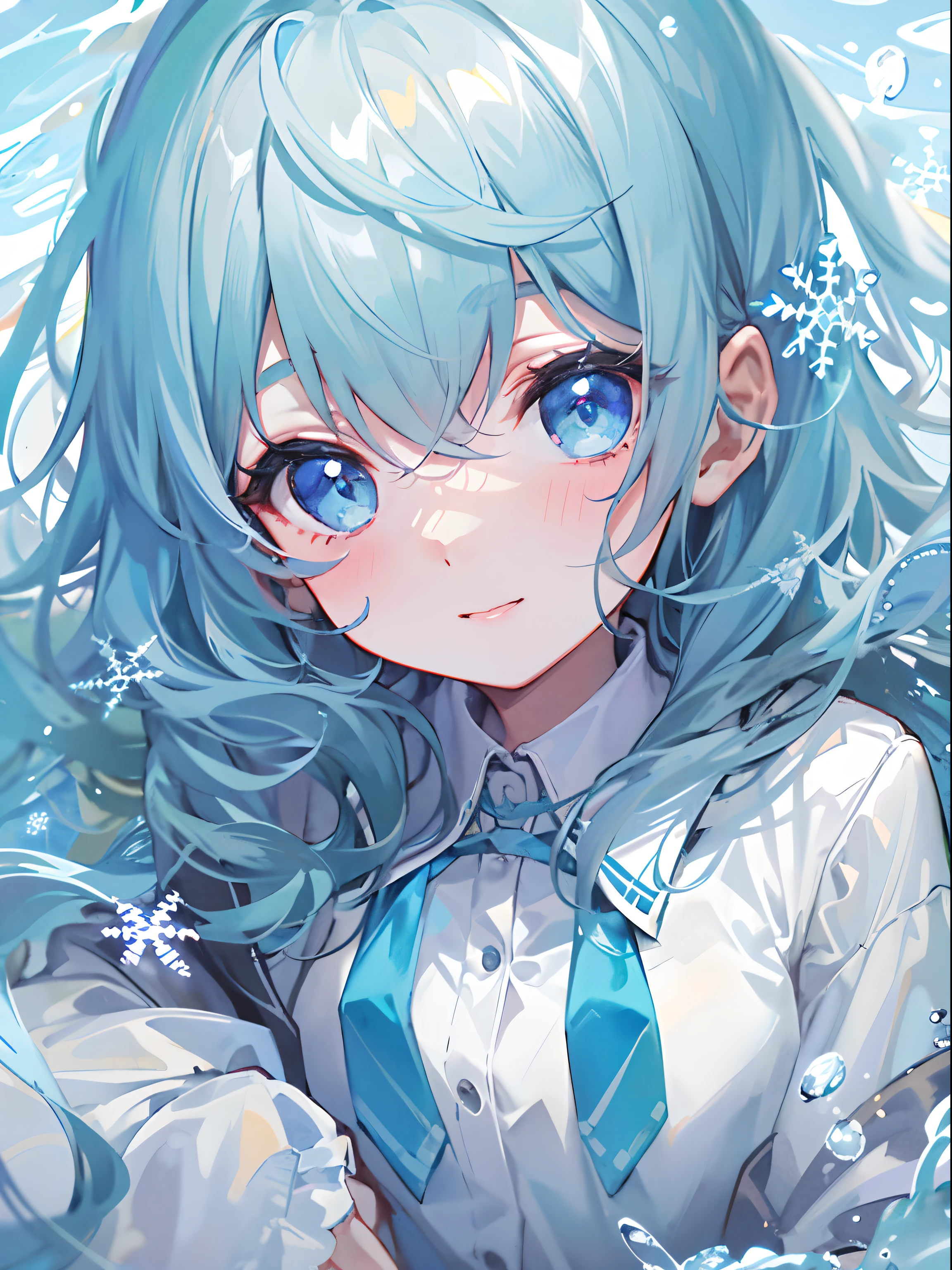 ((top-quality)), ((masterpiece)), ((ultra-detailliert)), (Extremely delicate and beautiful), girl with, 独奏, cold attitude,((Black jacket)),She is very(relax)with the(Settled down)Looks,A dark-haired, depth of fields,Evil smile,Bubble, under the water, Air bubble,bright light blue eyes,inner color with bright gray hair and light blue tips,,,,,,Cold background,Bob Hair - Linear Art, shortpants、knee high socks、White uniform like school uniform、Light blue ribbon ties、Clothes are sheer、Hands in pockets、Bright eyes like sapphire,Fronllesse Blue, A small blue light was floating、Upper Eyes、glass shards、Snowflake patterned eyes、Fantastic eyes
