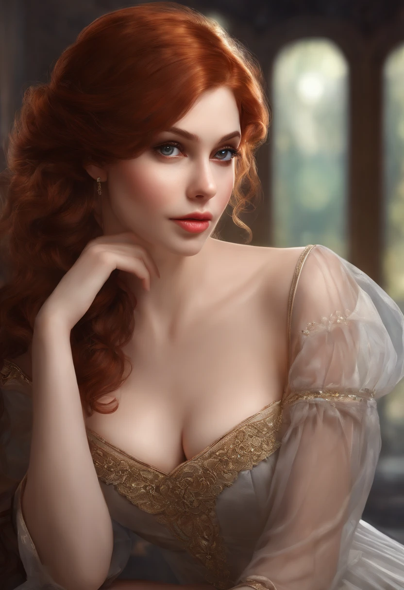 Best Quality, Masterpiece, (Realistic: 1.2), 1 girl, slim girl, red hair, brown eyes, front, detailed face, beautiful eyes, brown eyes, big eyes, normal breasts, cleavage, long dress