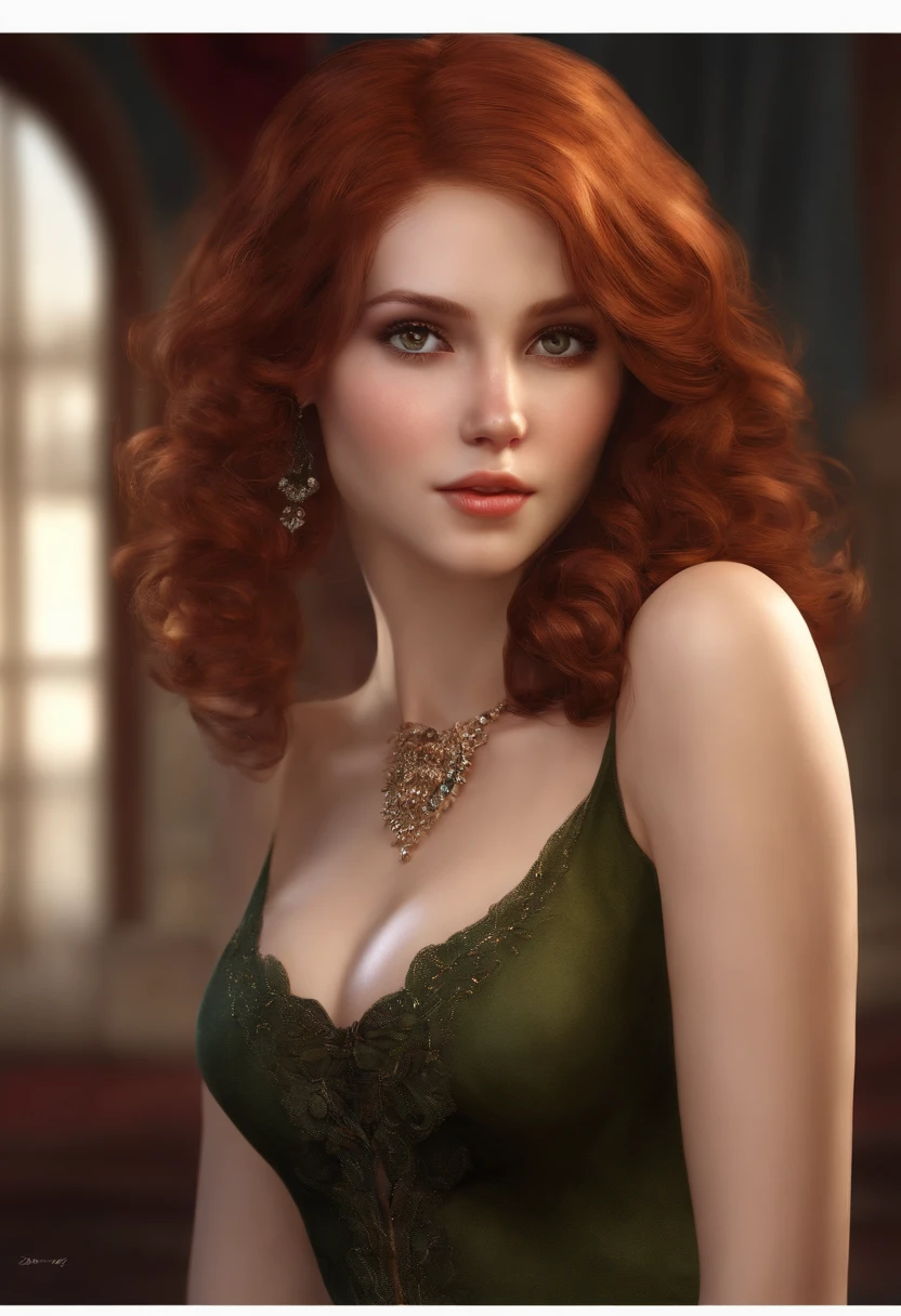 Best Quality, Masterpiece, (Realistic: 1.2), 1 girl, slim girl, red hair, brown eyes, front, detailed face, beautiful eyes, brown eyes, big eyes, normal breasts, cleavage, long dress