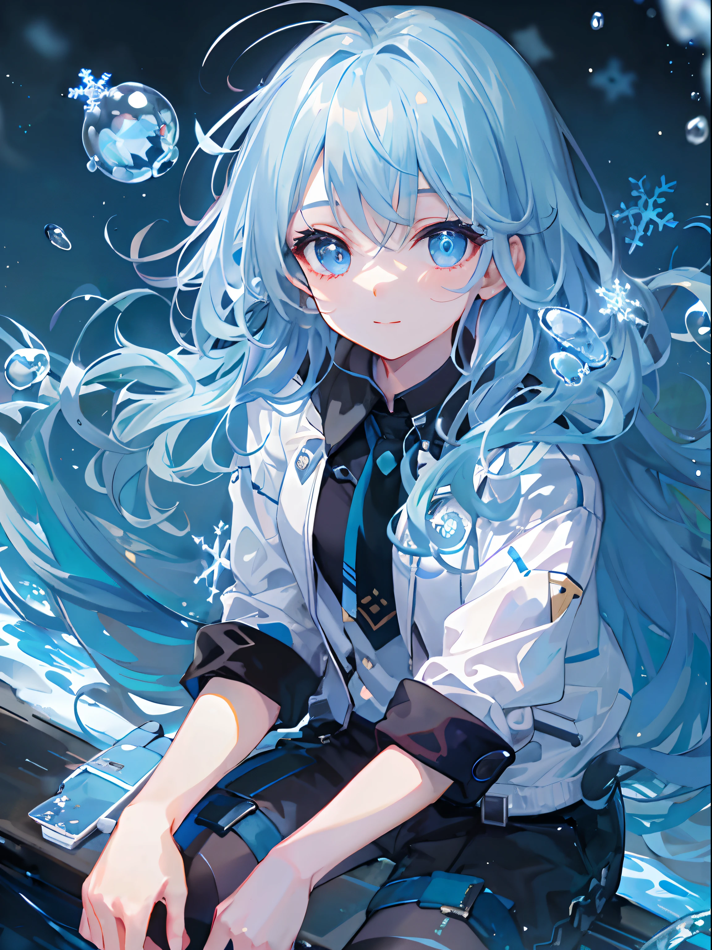 ((top-quality)), ((masterpiece)), ((ultra-detailliert)), (Extremely delicate and beautiful), girl with, 独奏, cold attitude,((Black jacket)),She is very(relax)with the(Settled down)Looks,A dark-haired, depth of fields,Evil smile,Bubble, under the water, Air bubble,bright light blue eyes,inner color with bright gray hair and light blue tips,,,,,,Cold background,Bob Hair - Linear Art, shortpants、knee high socks、White uniform like school uniform、Light blue ribbon ties、Clothes are sheer、Hands in pockets、Bright eyes like sapphire,Fronllesse Blue, A small blue light was floating、Upper Eyes、glass shards、Snowflake patterned eyes、Fantastic eyes