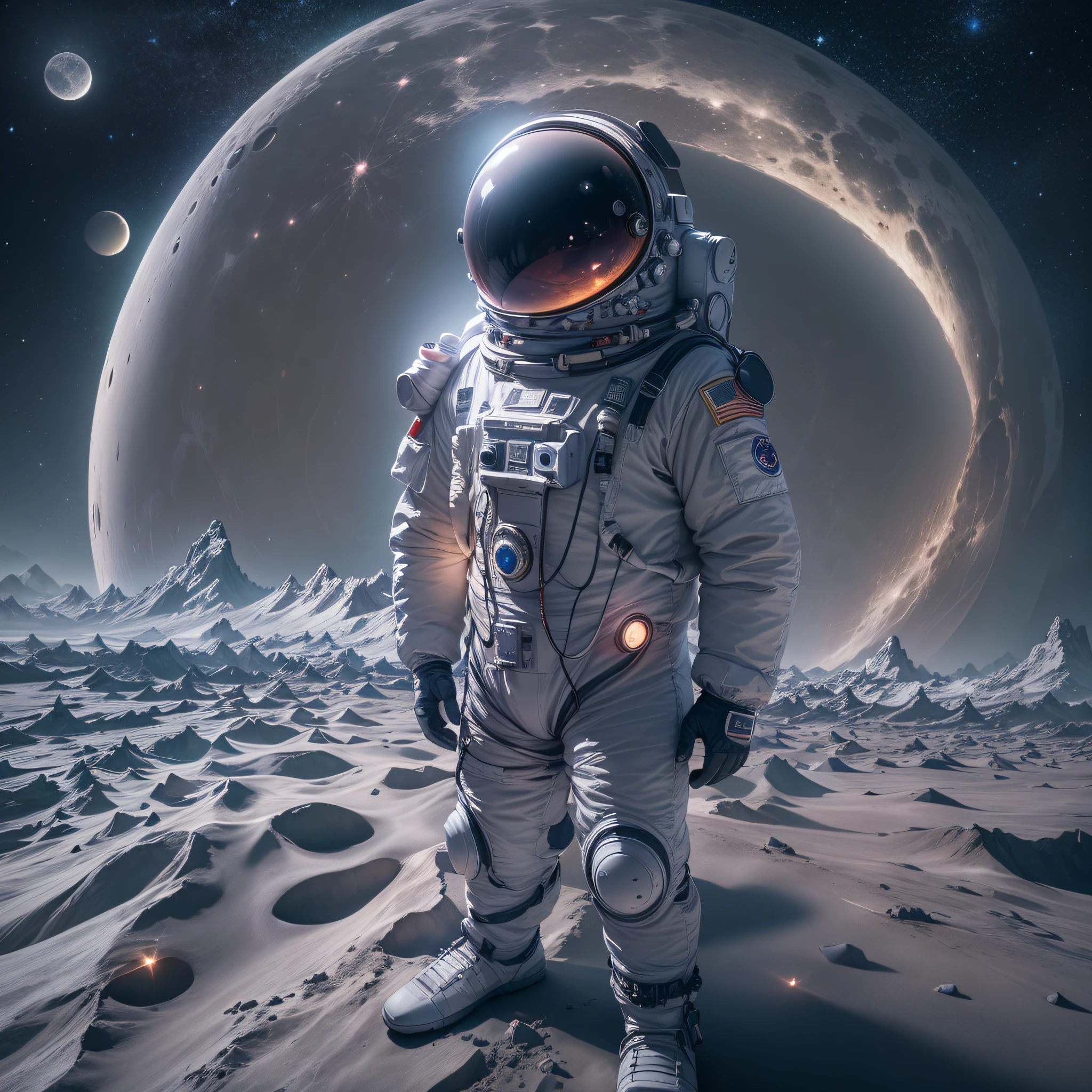 Surreal 8K，One in a spacesuit，Standing next to the moon is a futuristic technology spaceship 8K，In front of you is a river of stars