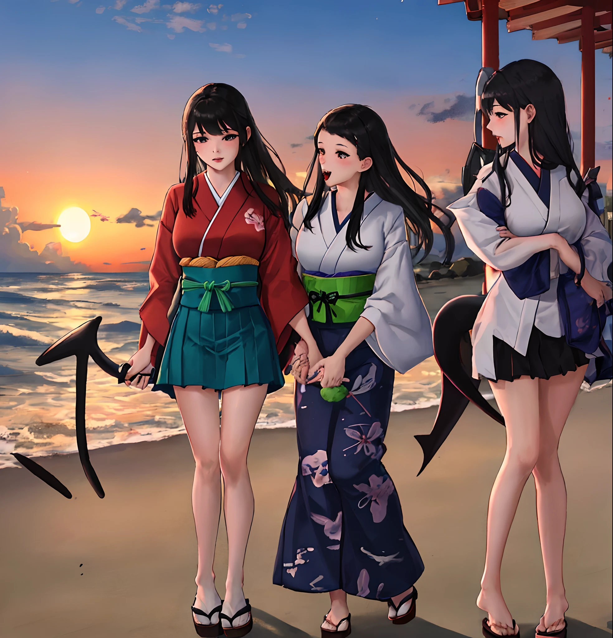 masterpiece, best quality, dusk, sunset, on the beach, Japanese, photo, mature female, bishoujo, ojousama, 3girls, devil, loli, student, oral/, long hair, hair over shoulder, female pervert, black hair, tentacle, footjob, masturbation,