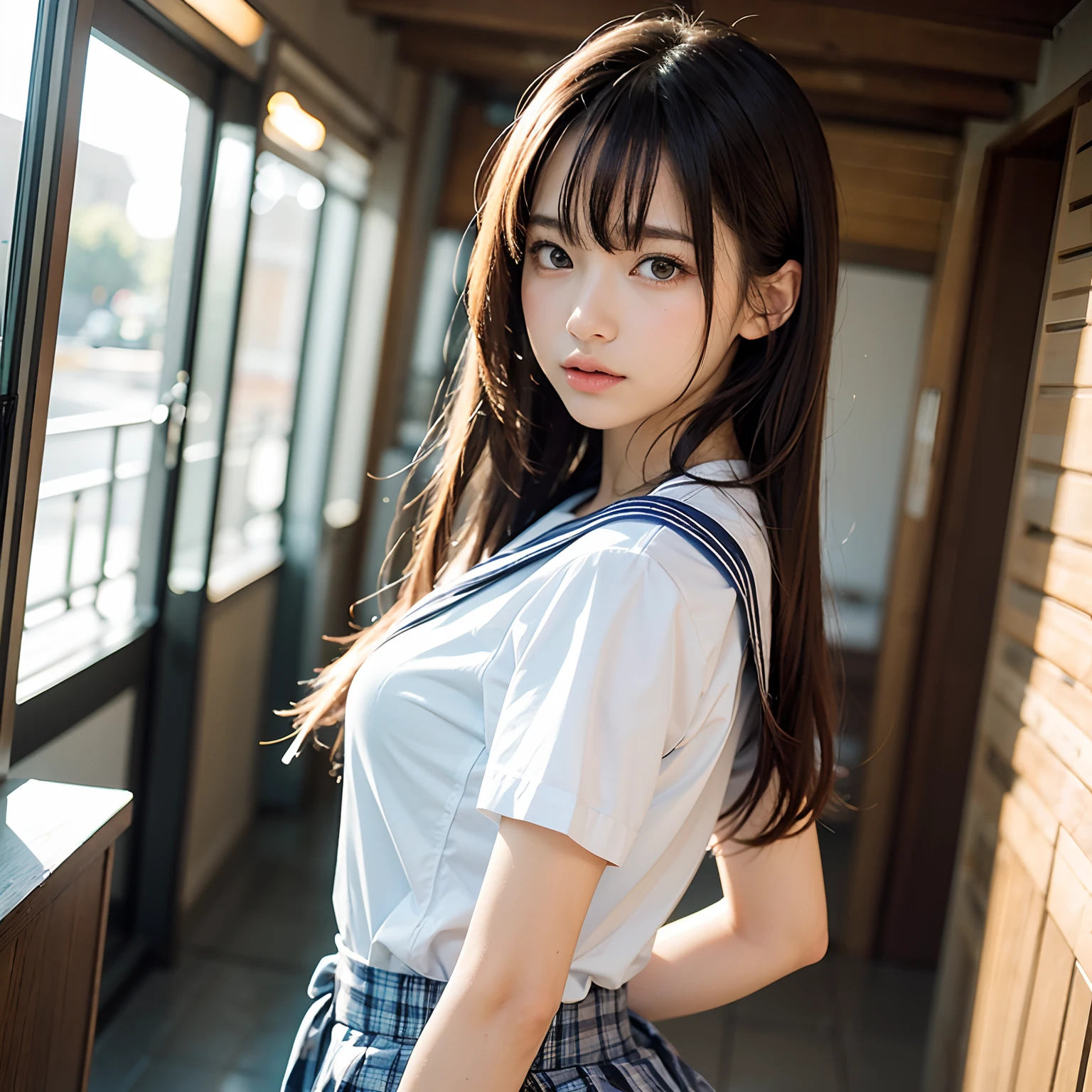 (8k, highest quality, Pieces fly:1.2)、Ultra-high resolution、anime,1 very pretty girl,Asuka Langley,Highly detailed face, Fine grain,blue eyes,,White sailor collar plain short sleeve shirt,Light blue skirt,Light Blue Suspenders,uniform_Red ribbon,Orange Hair,Long Hair、Detailed hand and fingers,put your hands in your hair,Grin、sitting on desk,Shooting from above,classroom
