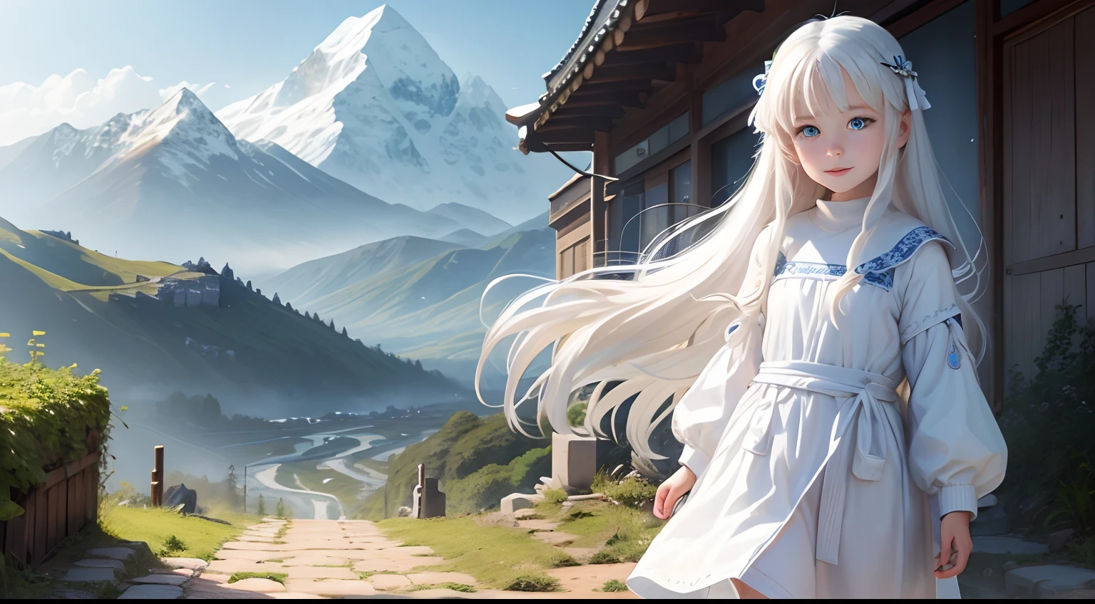 In the background are mountains, a beautiful girl name is May, 8--old l with blue eyes, long white hair, wearing a white tunic, On the waist there is a small bag, Cheerful expression on her face