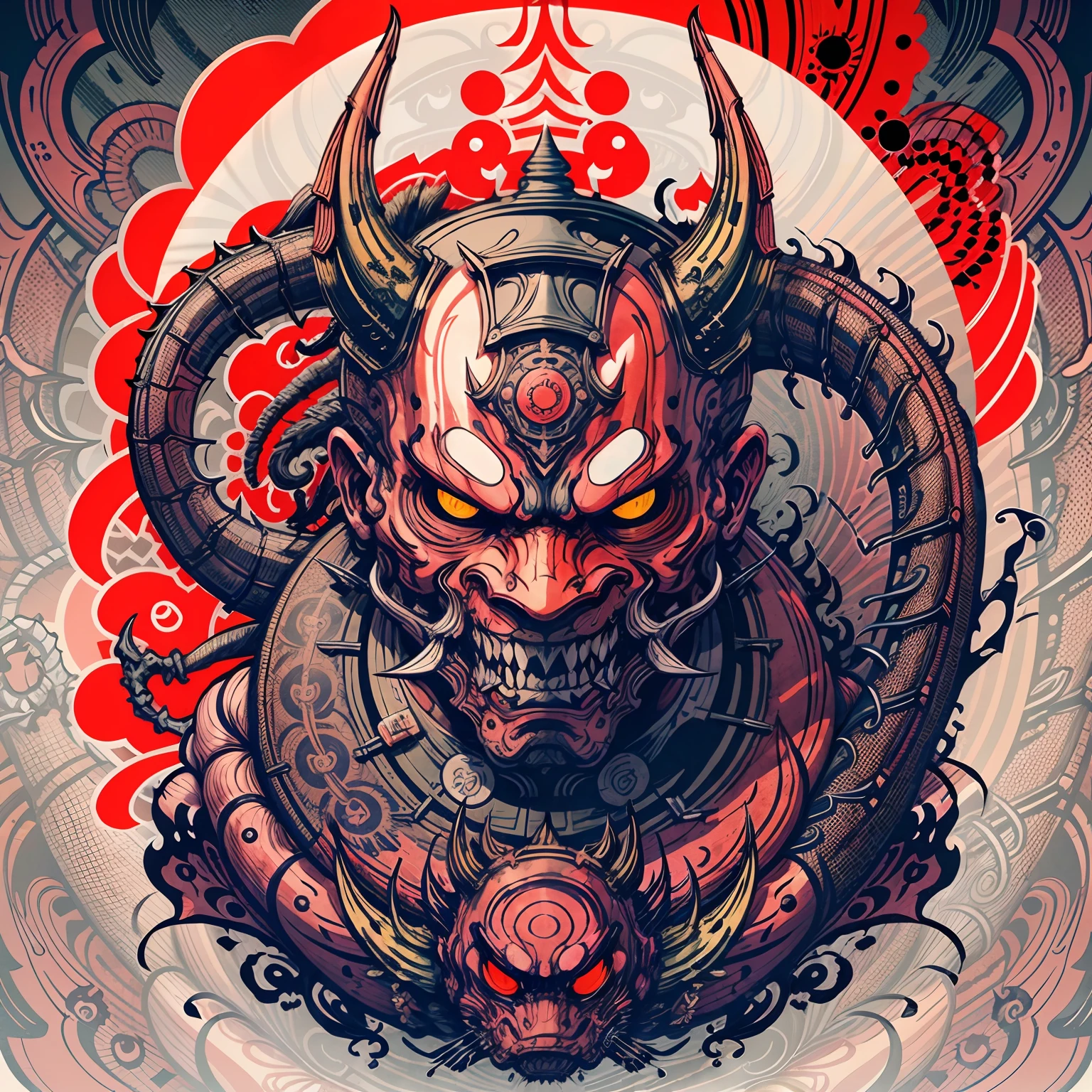 Hannya mask style of 0mib, illustrator, masterpiece, high quality, 8k, high resolution, high detailed, Japanese, dragon