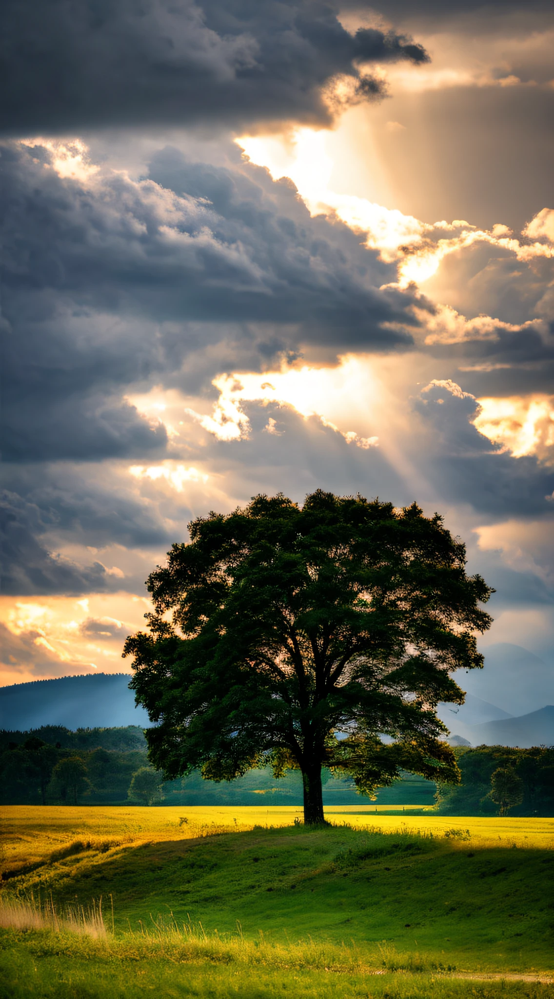 rural landscape， zaun， grassy， The tree，Sunlight shines through dark clouds，dingdall effect， lake， dirt road， Ultra illumination， best illuminate， k hd， tmasterpiece， high high quality， A high resolution， best qualtiy， artwork of a， style of anime， hyper qualit， Tree verbose