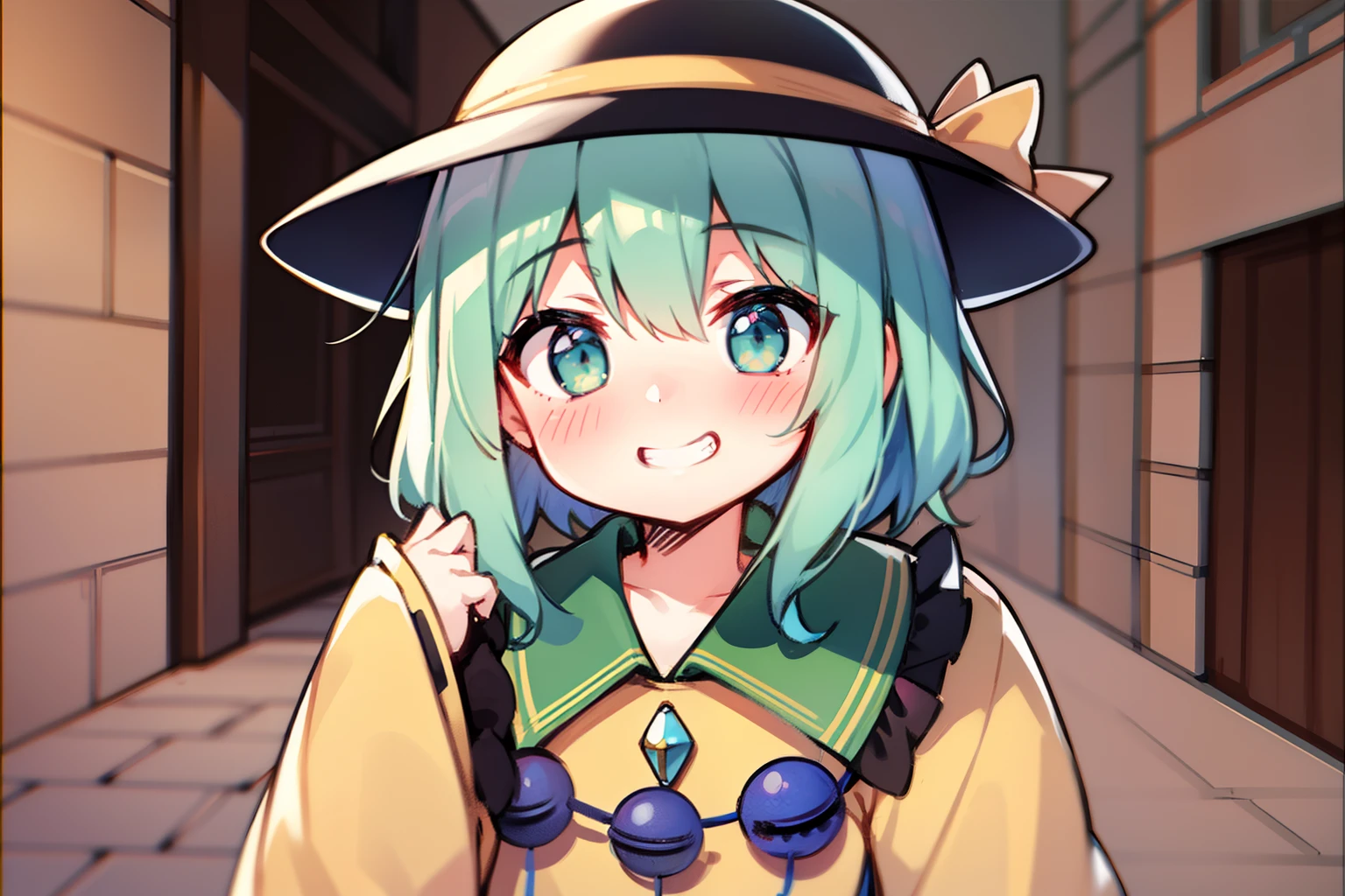 1girl in, beautiful countenance、komeiji koishi, Petite, blushed face、Grinning、staring directly at camera、long-sleeve、symple background