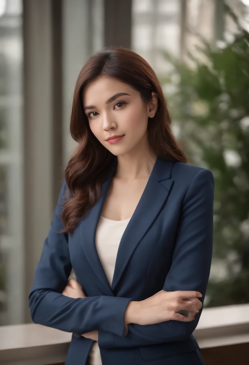 Professional image of a 25-year-old professional woman, Wear a navy blue business casual suit and hip-wrapping skirt, Professional profile photo, posing with crossed arms, professional picture, professional profile picture, photograph of a woman, Business woman, lecturer, Black hair, Slim body, 8K high-definition