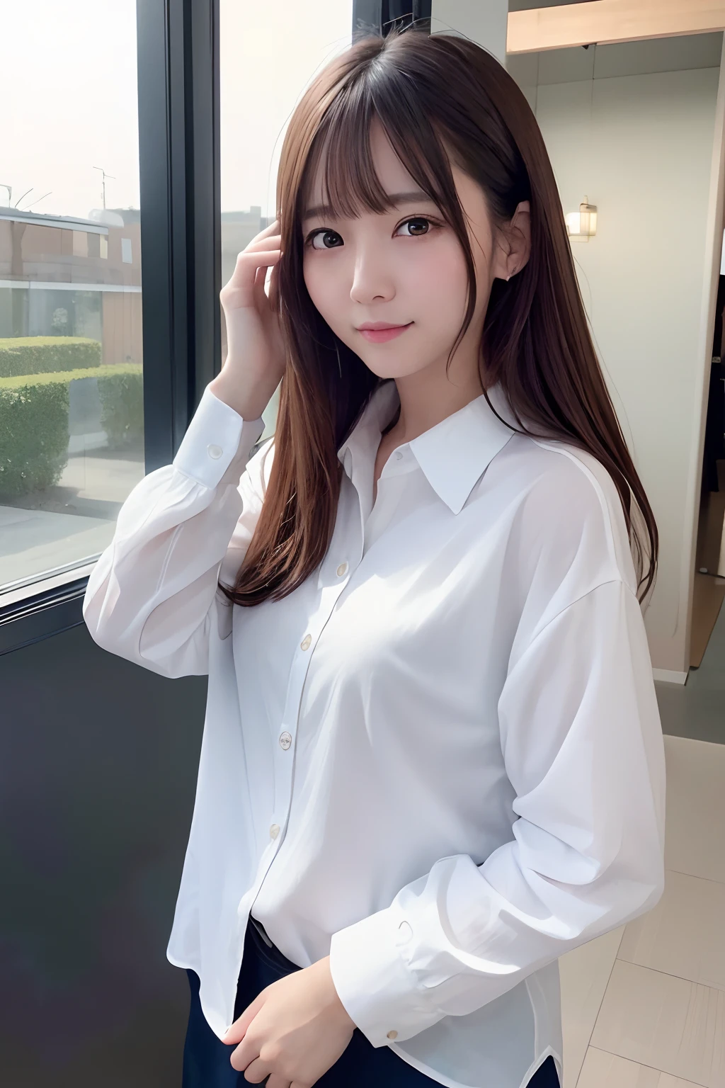 (8K、Raw photography、top-quality、masterpiece:1.2)、(realisitic、Photorealsitic:1.37)、女の子1人、japanes、30-years old、femele、during daytime、outside of house、dark brown hair、Long、详细的脸、Detailed lips、detailedeyes、More skin、二重まぶた、shinny skin、Make eye contact with the camera、A smile、is standing、White collared shirt