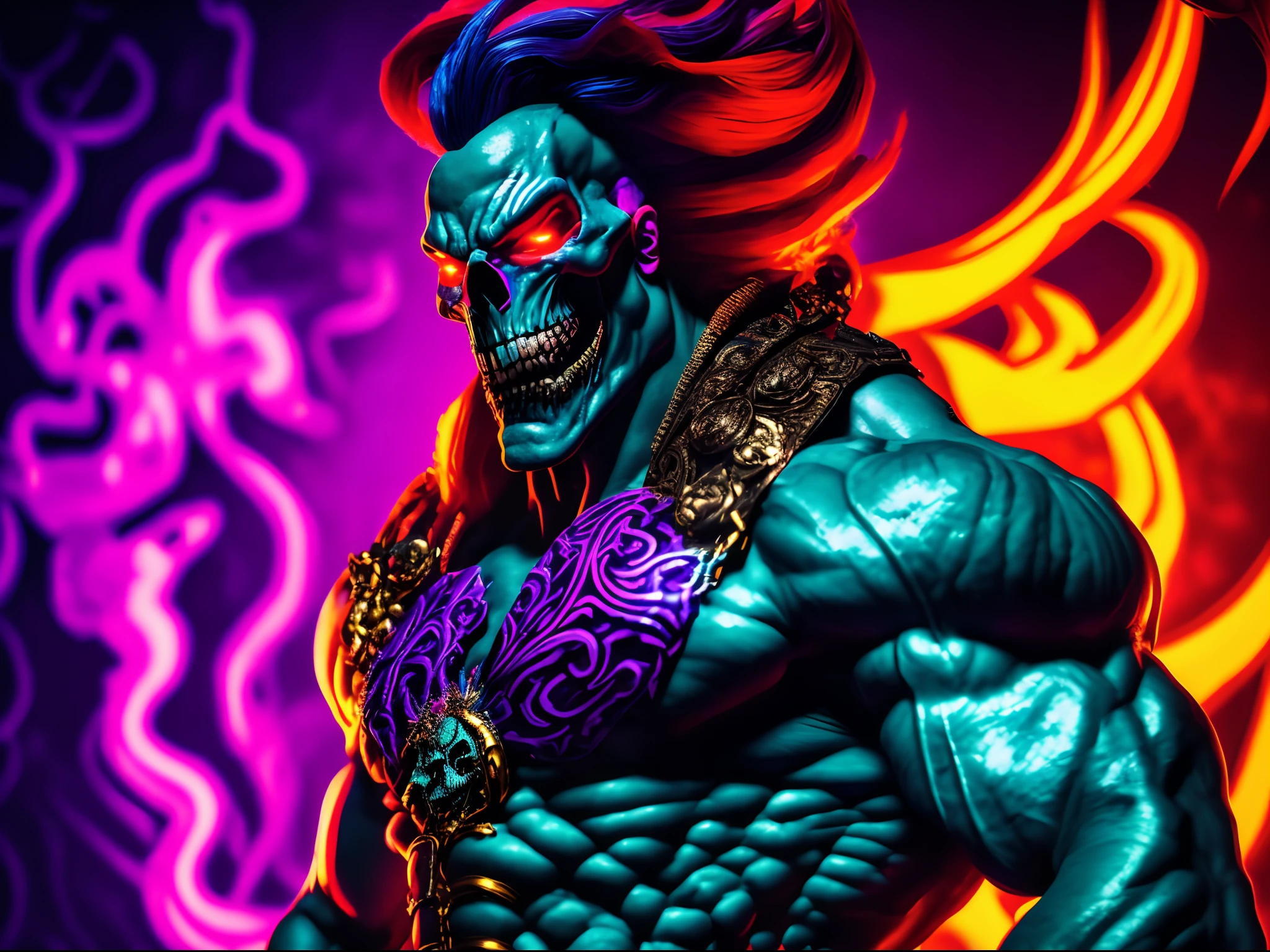 ((Logo e-sports vintage 2D)) (32k UHD HIGH DETAIL RAW 8K CINEMATIC ART) 1man, a monster Skeletor was the primary villain in He-Man and the Masters of the Universe, as well as supporting antagonist in its spinoff series, (full body photo), ((brock hofer style)), hyper beast, hyper monster, monster, colorfull, High detailed, Saturated colors, tentacles, zombies, blood, dark, carnage, guns, Color magic, vaporwave style, film grain style fujifilm XT3. HDR DSLR.