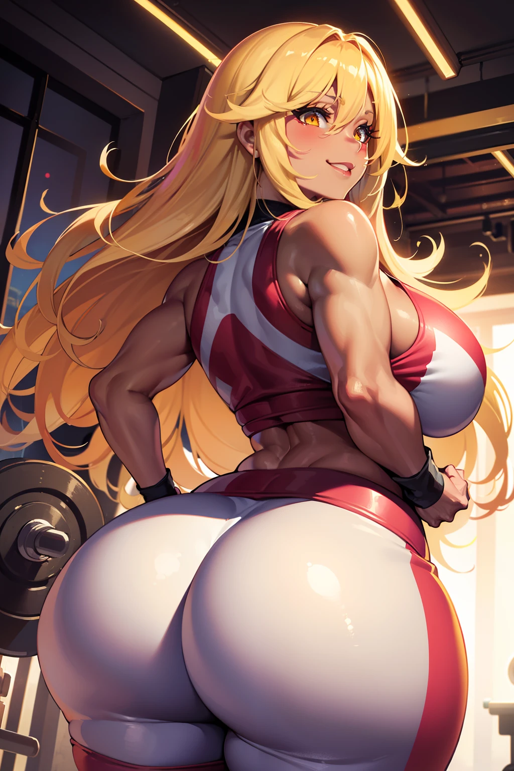 Best quality, massive breasts, massive ass, very curvy, dark brown skin, long blond hair, yellow eyes, slutty, gyaru, full lips, seductive, smiling, gym, workout, exercise, red clothes, yoga pants, gym, lifting, heavy lifting, darkskin, tan, white clothes, cowboy shot, low angle,