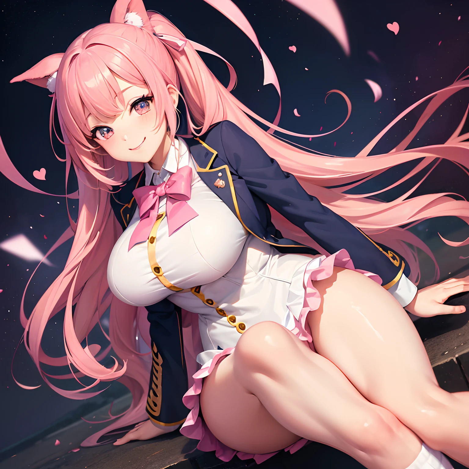 a beauty girl，Ribbon on uniform，blazers，A smile，girl，Pink hair，anime a girl，top-quality，Colossal tits，​masterpiece，Excellent style，Erotic Cute，long，超A high resolution，beautiful a girl，Lovely girl，multicolored hair，Loose socks，