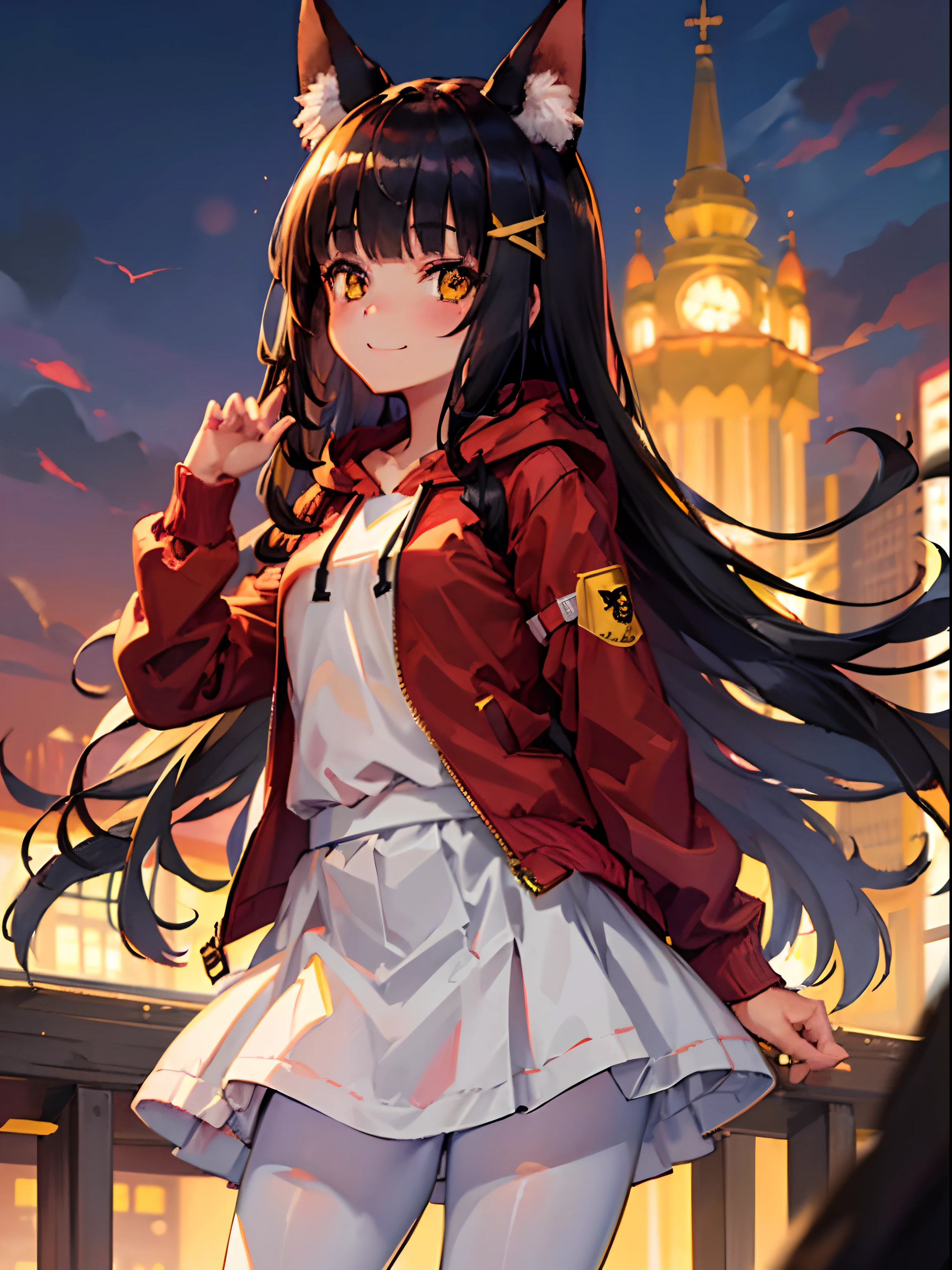 (((best quality, 1girl))), animal ears, fox ears, black hair, long hair, bangs, animal ear fluff, yellow eyes, blunt bangs, hair ornament, brown eyes, red hoodie, white jacket, skirt, white pantyhose, young, li, smile, looking at viewer