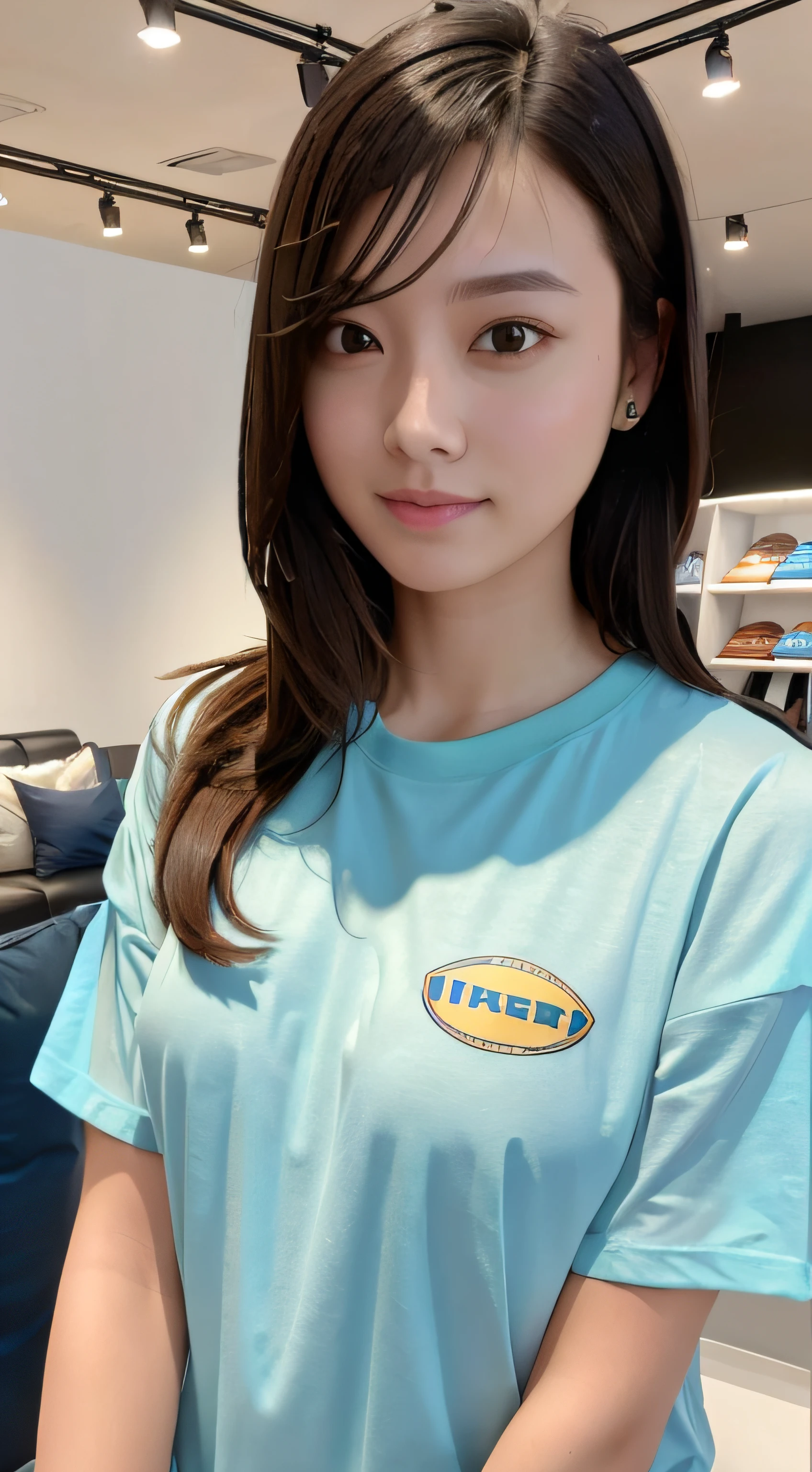 Masterpiece, Best Quality, The ultra-Highres, (Photorealistic:1.4), beautiful  lighting, Raw foto, 8K UHD, Ultra detail face, IKEA Furniture Shopping, shopping cart, mall, a beauti, Sweet Girl,JINS, tee shirt, shy, indoor, Large pieces of furniture, people, Detailed facial expressions, Wave hair, bobbed black hair,Shine T-shirt