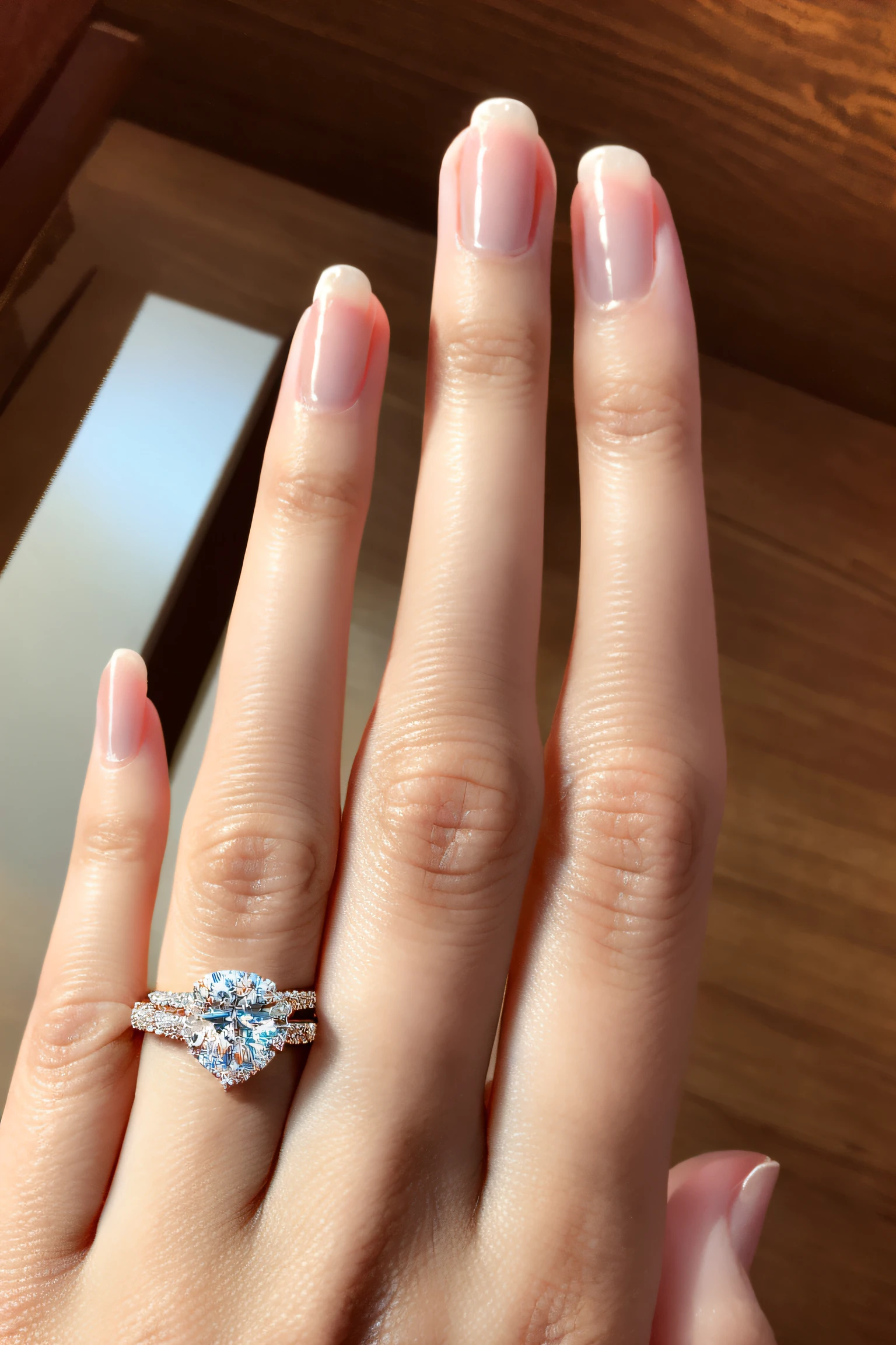 ((beautiful hand))，Certainly５Dita、Wear a beautiful gemstone engagement ring