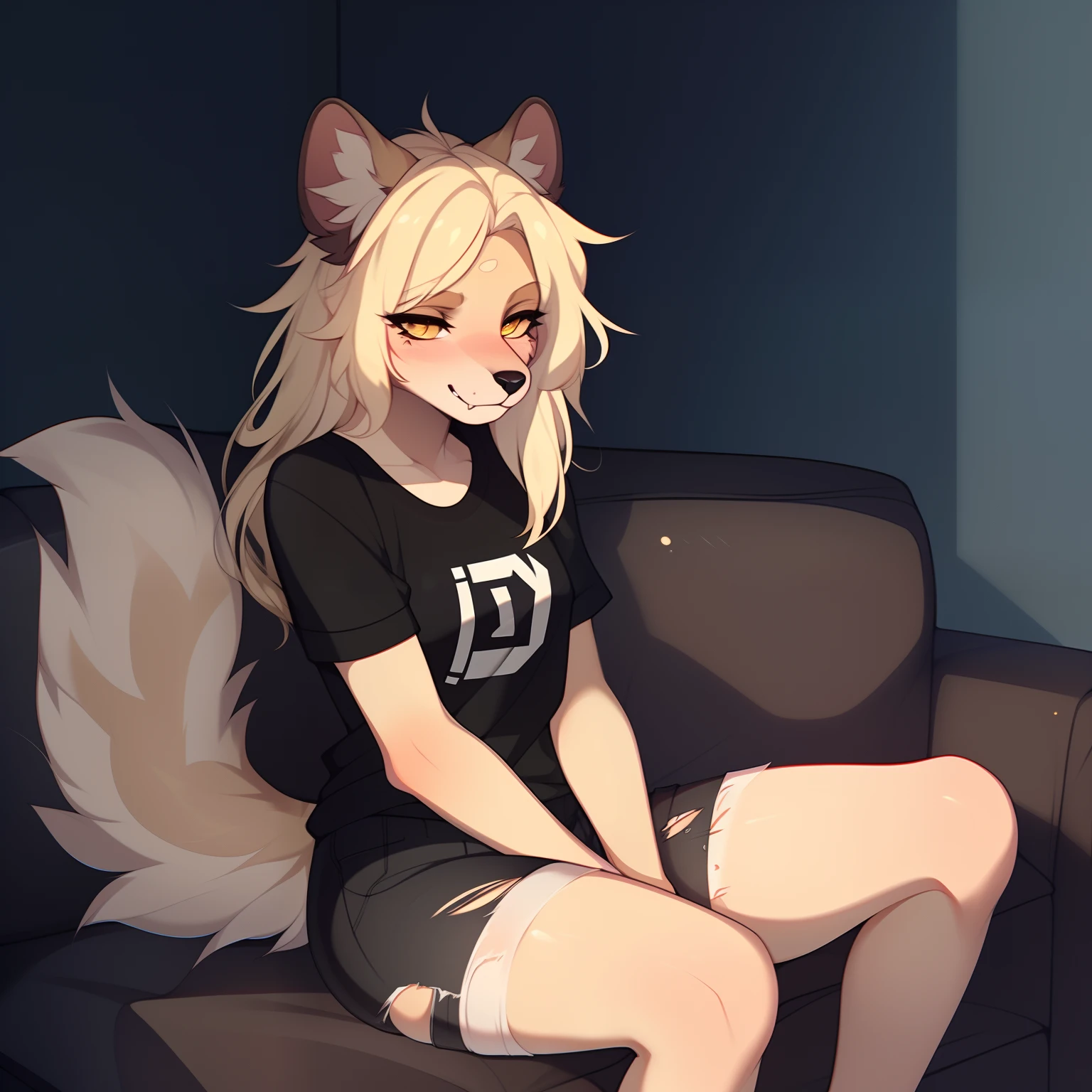(masterpiece)), ((solo portrait)), ((furry; antrho wolf girl)), ((detailed fur)), ((raytracing)), ((detailed shading)), ((beautiful render art)), {anthro wolf; (grey fur, white belly, fluffy wolf tail), clear green eyes, long white messy hair, seductive gaze; (bedroom eyes, smug smirk), red tee shirt, black lounge shorts}, (sitting on couch, attractive, animal feet; (wolf paws), [background; open living room, window; (outside rainy, cloudy), tv in background]