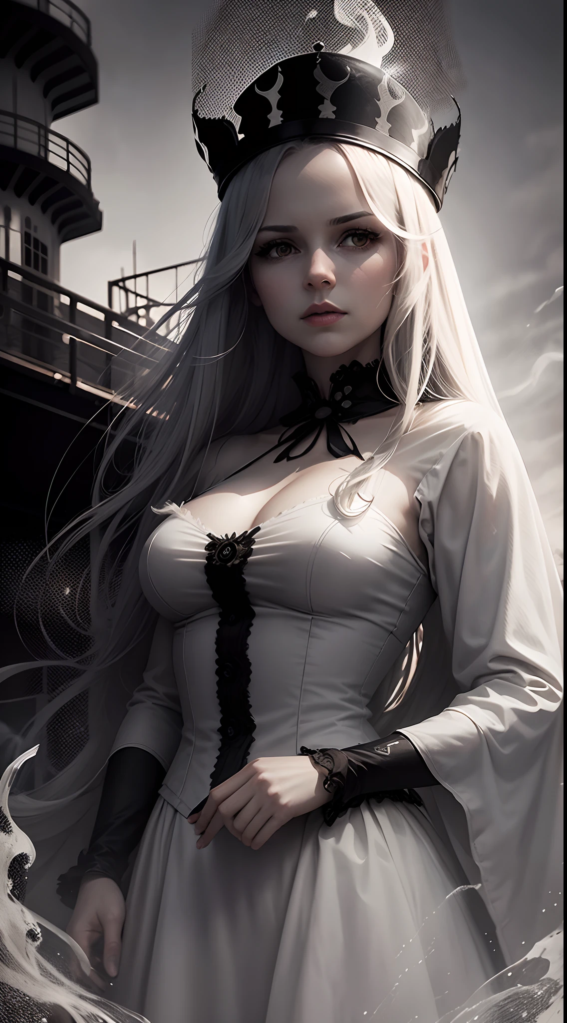 Generate an image that adds a sense of foreboding to The Queen Mary, with ghostly entities