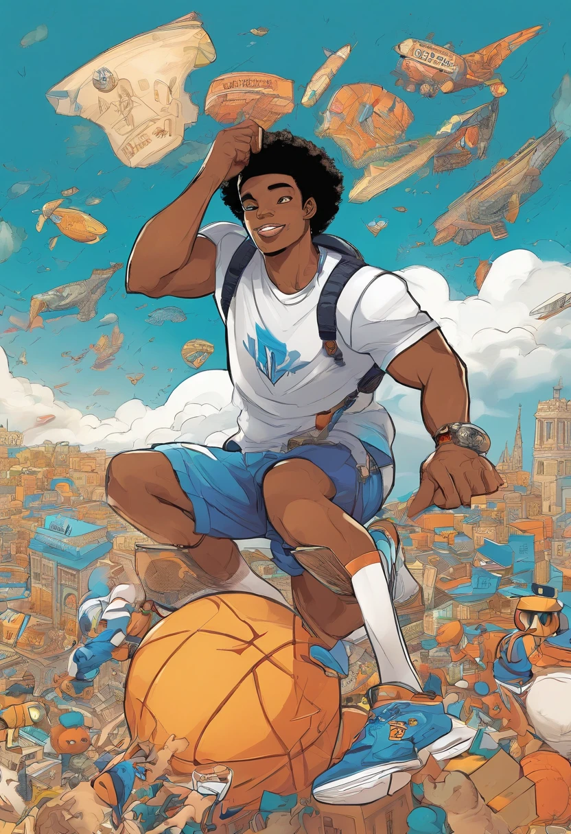 Vibrant 3D illustration of a boy, 25 ans, Slightly fatty substance, cheveux noirs courts, curly hair, dark brown skin, T-shirt blanc et pris du corps avec l'inscription VIVELESPORT dessus, Bas de jogging Bleu marine, Porter des basket blanche avec l'inscription VLS, le jeune homme st souriant et avenant et regarde l'objectif