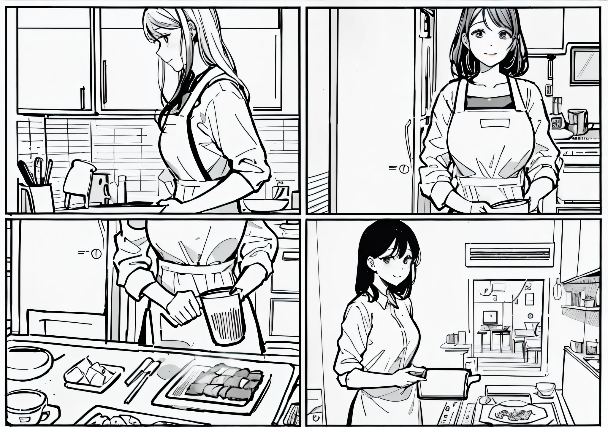 Four-panel comics，Pictures are comics with stories。The first image is a sketch of a woman preparing food in the kitchen,The second image shows a woman chopping vegetables in the kitchen，The third scene is a scene of a woman cooking in the kitchen，The fourth scene is the scene where the meal is finished。 full page illustration,  Cooking, book illustrations, page scan from book, full page illustration, line art illustration, Picture order, Detailed illustrations, illustration line art style, baking artwork, inspired by Cui Zizhong