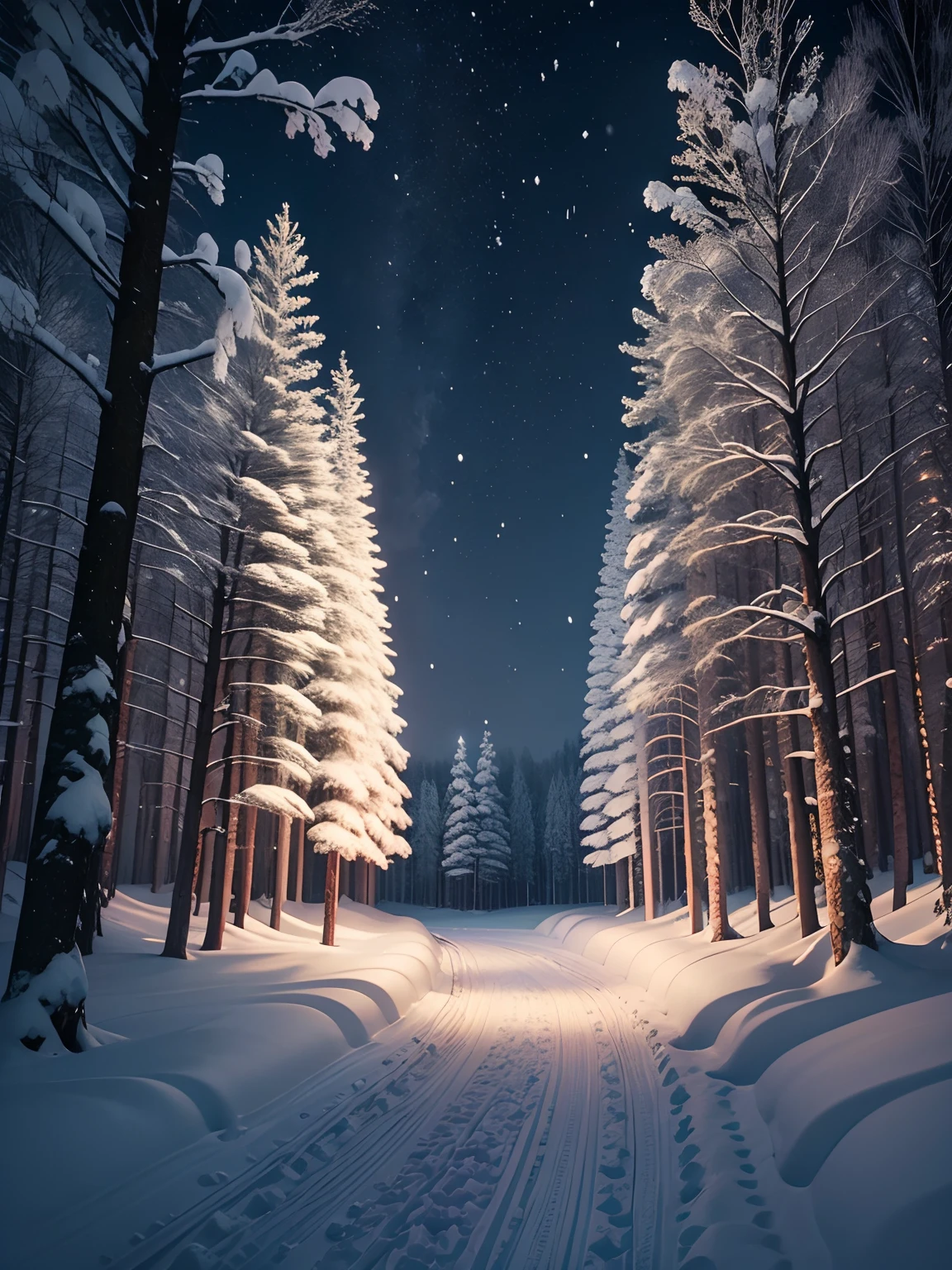 A beautiful scene of forest with snow falling at night.