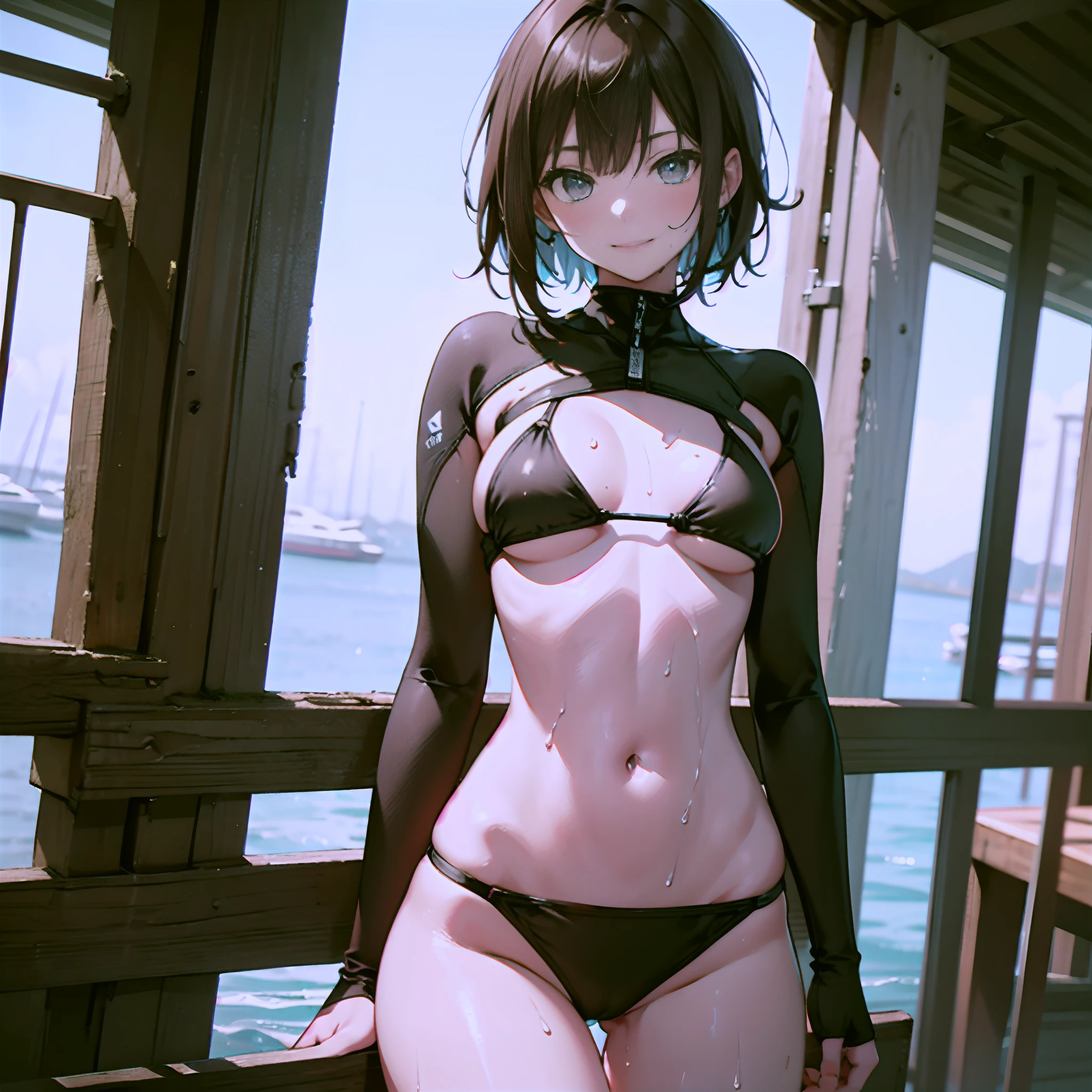 1womanl, Solo, 24 year old, 7headed body, (cute face), (Ideal body proportions), ((Composition from head to thigh)), On top of the yacht, scuba, Light blue wetsuit, Upper body bikini swimsuit, Drenched hair, The erection, Carmelto, Sexy body, Wet, smile, short-hair, Dark hair, small tits, slenderness, Small buttocks, beautiful legs, Skinny Legs, surrealism, One-person viewpoint, F/1.8, 135 mm, nffsw, masutepiece, ccurate, ((Anatomically correct)), Textured skin, Super Detail, high details, High quality, awardwinning, Best Quality, hight resolution