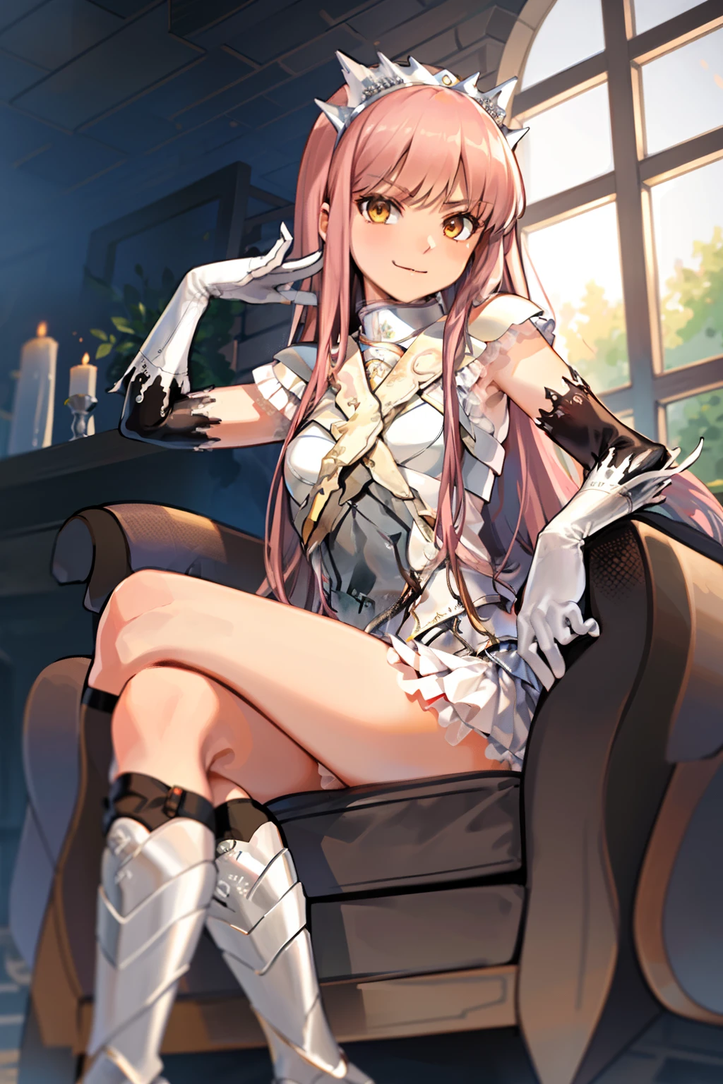 masterpiece,best quality, 1girl, solo, indoors, fireplace, sitting, crossed legs, looking at viewer, medb \(fate\), tiara, white elbow gloves, white skirt, white boots, armor,smirk