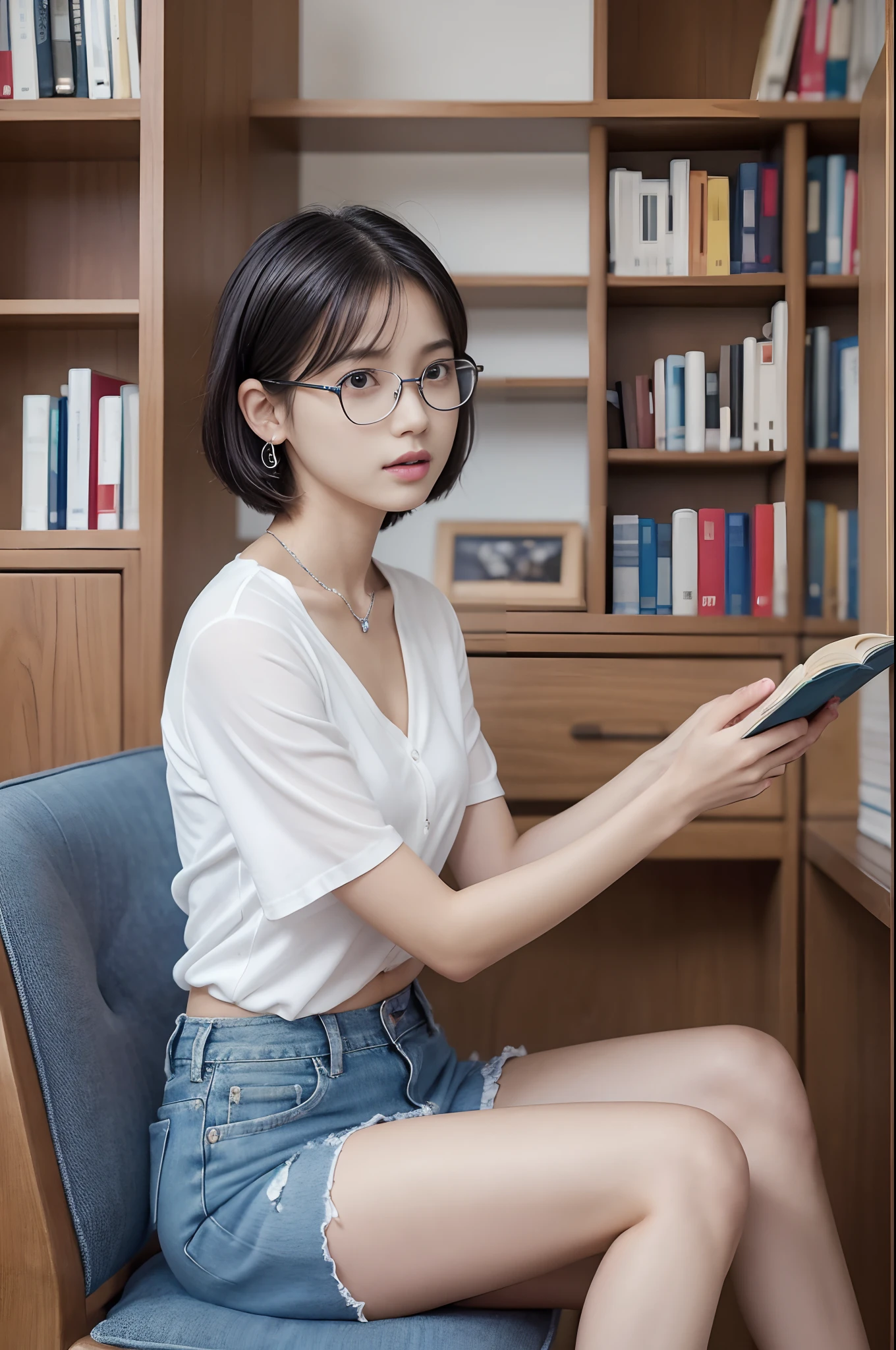 (highest quality, hight resolution, masterpiece:1.3) , A girl, 19years old, short cut, ponytail, white shirt, White sneakers, denim miniskirt, realisitic, ultra-detailliert, Slimed,, movie still, by lake, Sitting on a deck chair reading a book, teepee, evening glow, from side