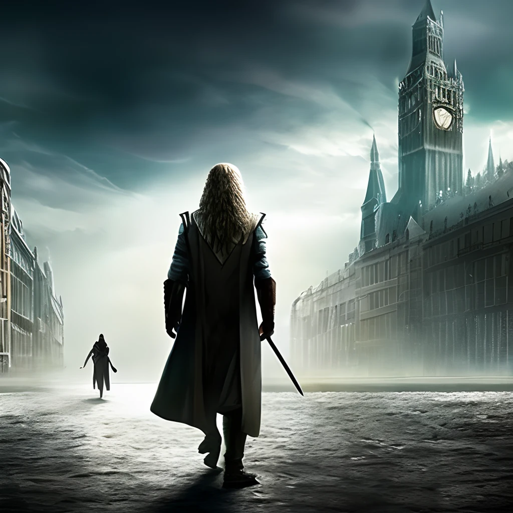 There is a pale man with long hair walking next to a detective. ((Epic fantasy)) Dystopia style cartoon animation poster