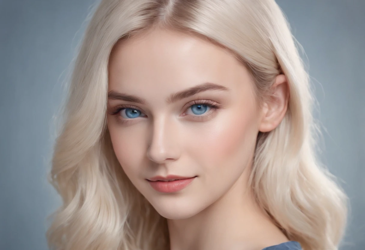 A beautiful young woman, 18 years old, fair skin, slim body, straight platinum blonde hair, long hair, stylish haircut, wavy hair, cute face, attractive young face, blue eyes, detailed face, full lips, body photo entire, neutral color background image, edited in Adobe Premiere, 8k, A very beautiful 24 year old girl, ,thin smile, (Blue eyes), photo realistic