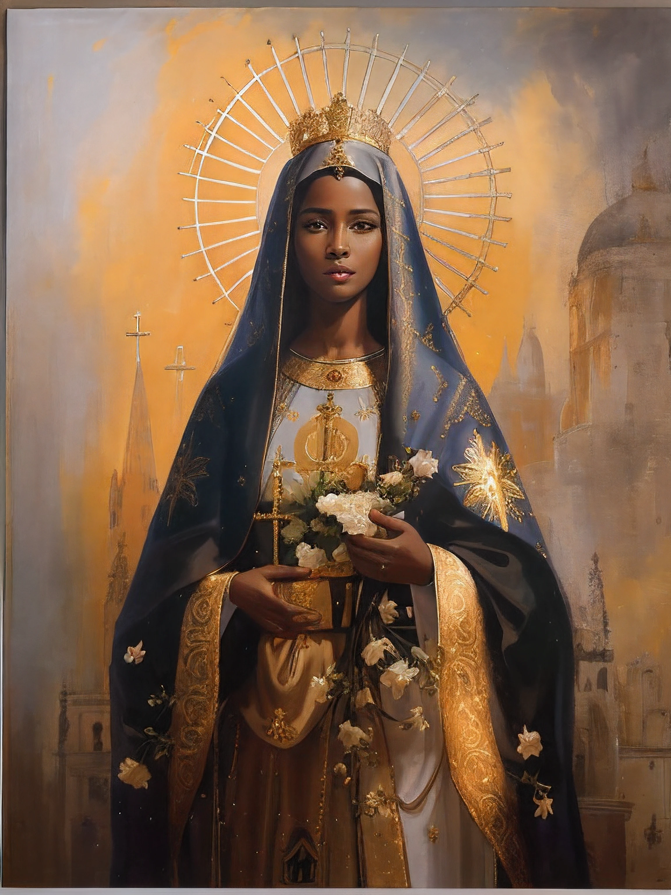 Painting of a very dark-skinned black woman holding a bouquet of flowers in her hands, Black factions on the face, and cheerful peeking,  majestosa mulher de santo, fundo  ceu, Retrato da Virgem Maria, Directed by: Márkus Csaba,padroeira do Brasil, Nossa senhora aparecida, Santo de ouro bonito, pele escura deusa feminina do amor, Virgem Maria, jayson tatum as mother mary, catholic religious art, catholic icon, queen of heaven, trabalho-prima', Directed by: Grzegorz Domaradzki