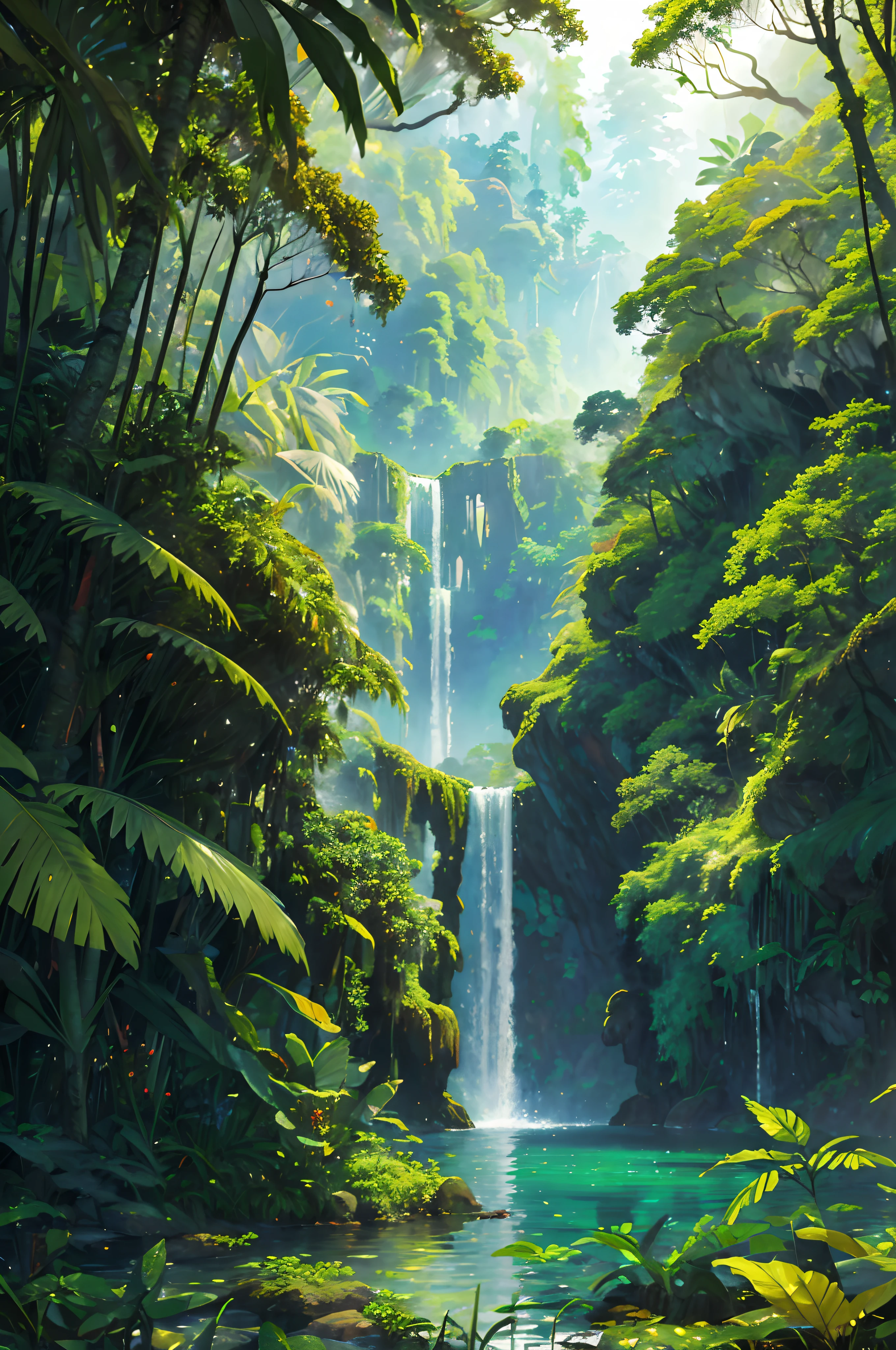 (best quality,highres,masterpiece:1.2),ultra-detailed,realistic,photorealistic:1.37,colorful,beautiful jungle,expansive, lush greenery,towering trees,calm atmosphere,majestic waterfalls,exotic wildlife,misty atmosphere,serene ponds,abundant flora and fauna,natural diversity,romantic sunset,soft sunlight filtering through leaves,tranquil ambiance.