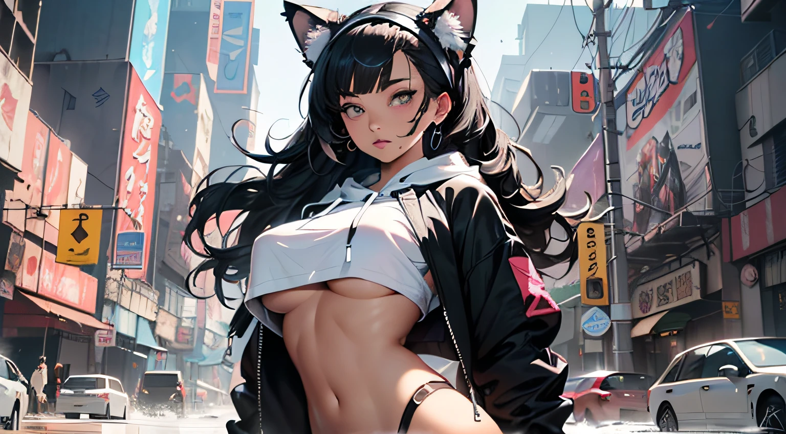 girl spacepunk, (1 girl:1.3), ((1 anime girl with extremely cute and beautiful black hair artificial cat ears walking seductively down the street)),

(large breasts:1.4), saggy breasts, (((black wavy bob hair:1.35, bangs;1.35 messy hair, bangs;1.35,  colored inner hair, ear breathing))), (((artificial cat ears, artificial cat ears on head, big cat ears))), ((pink eyes:1.3, upturned eyes:1.3, perfect eyes ,beautiful detailed eyes, rainbow glows ultra-detailed deep pink purple eyes:1.1, gradient eyes:1, finely detailed beautiful eyes:1, symmetrical eyes:1, big highlight on eyes:1.2)), (fat:1.2),  7.5 life size, (((lustrous skin:1.5, bright skin: 1.5, skin tanned, shiny skin, very shiny skin, shiny body, plastic glitter skin, exaggerated shiny skin))), (spider lower abdomen, narrow waist, wide hip, athletic body, inflated legs, delicate detailed fingers, detailed body, detailed arms, human hands, detailed hands,), 

cute, slutty, seductive, erotic, nsfw, 

zettai ryouiki, revealing clothing, show skin, ((((underboob)))), (wearing a mechanical space body armor:1.3, mechanic thongs,  bare legs), ((((crop top hoodie, cropped hoodie, hoodie))), (detailed outfit, detailed clothes),

(dynamic pose:1.0), solo focus, embarrassed, centered, scale to fit dimensions, Rule of thirds,

outdoors, (cyberpunk Background: 1.5, detailed background:1.25),

(Isometric: 1.0), double exposure, (masterpiece, best quality:1.3), (highres:1.5), absurdres, ultra detailed, cinematic light, realistic, ultra-realistic, high contrast, extraordinarily nice, vibrant colors,  (intricate), HDR (High Dynamic Range),Ray Tracing,NVIDIA RTX,Super-Resolution,Unreal 5,Subsurface dispersion, PBR texture, Post-processing, Anisotropic filtering, Depth of field, Maximum clarity and sharpness, Multilayer textures, Albedo and specular maps, Surface shading, Accurate simulation of light-material interaction, Octane Render, Two-tone lighting, Wide aperture, Low ISO, White balance, 8K RAW, Saturation boost,